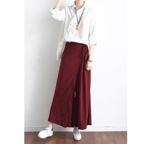 2019 autumn original design literary retro tie irregular wide leg casual burgundy pants