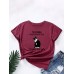 Letters Cartoon Cat Print Round Neck T  shirt For Women