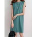 Solid H  Shaped Cotton Sleeveless Round Neck Casual Midi Dress