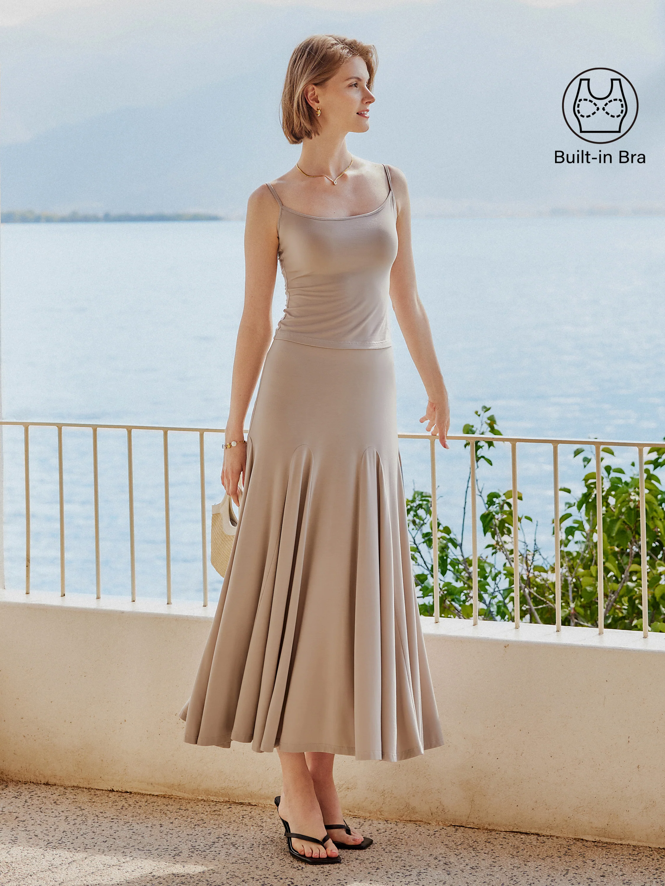 2Pcs Set U-neck Adjustable Straps Brami & Flowy Midi Pull-on Skirt 2Pcs Set U-neck Adjustable Straps Brami & Flowy Midi Pull-on Skirt