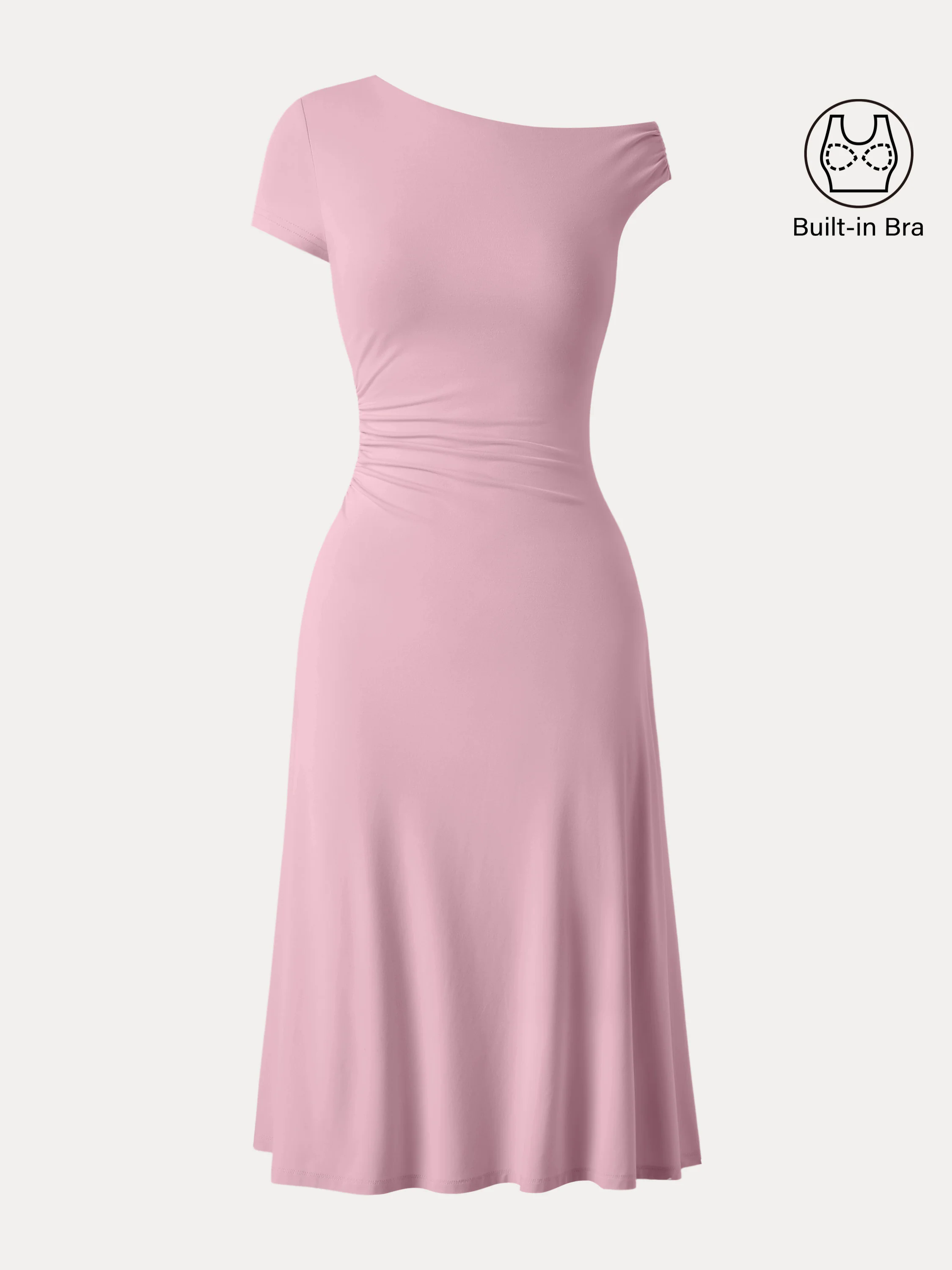 Asymmetrical Shoulder Side Ruched Midi Brami Dress Asymmetrical Shoulder Side Ruched Midi Brami Dress