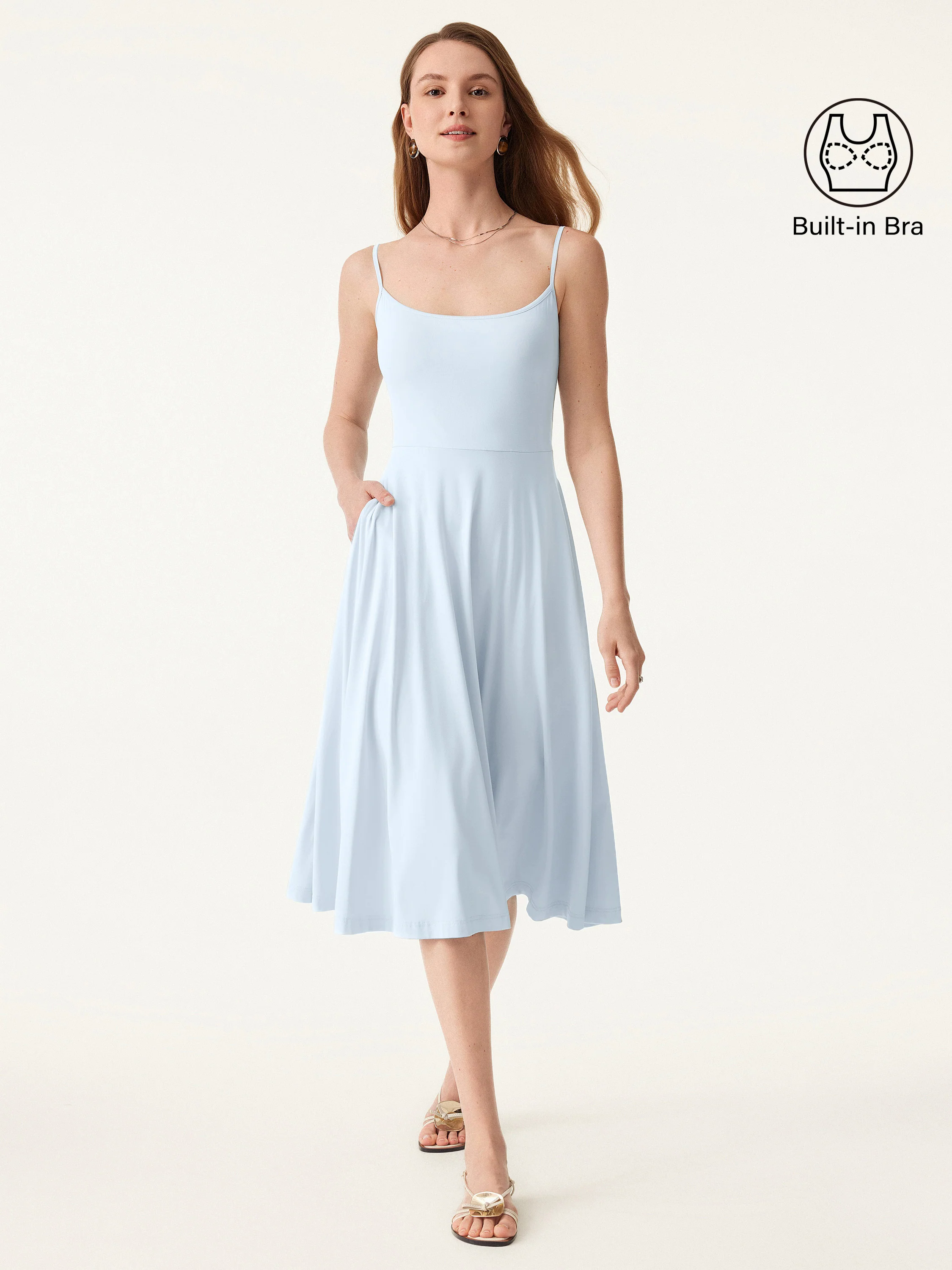 Flowy U-neck Midi Brami Sundress with Pockets