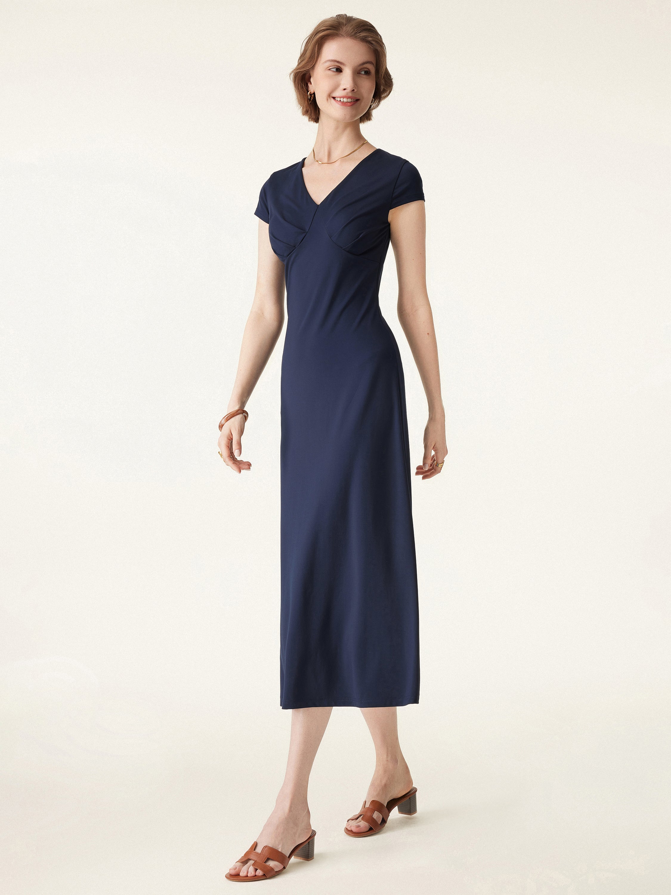 Bamboo Ponte V-neck Short Sleeve Midi Flared Dress Bamboo Ponte V-neck Short Sleeve Midi Flared Dress