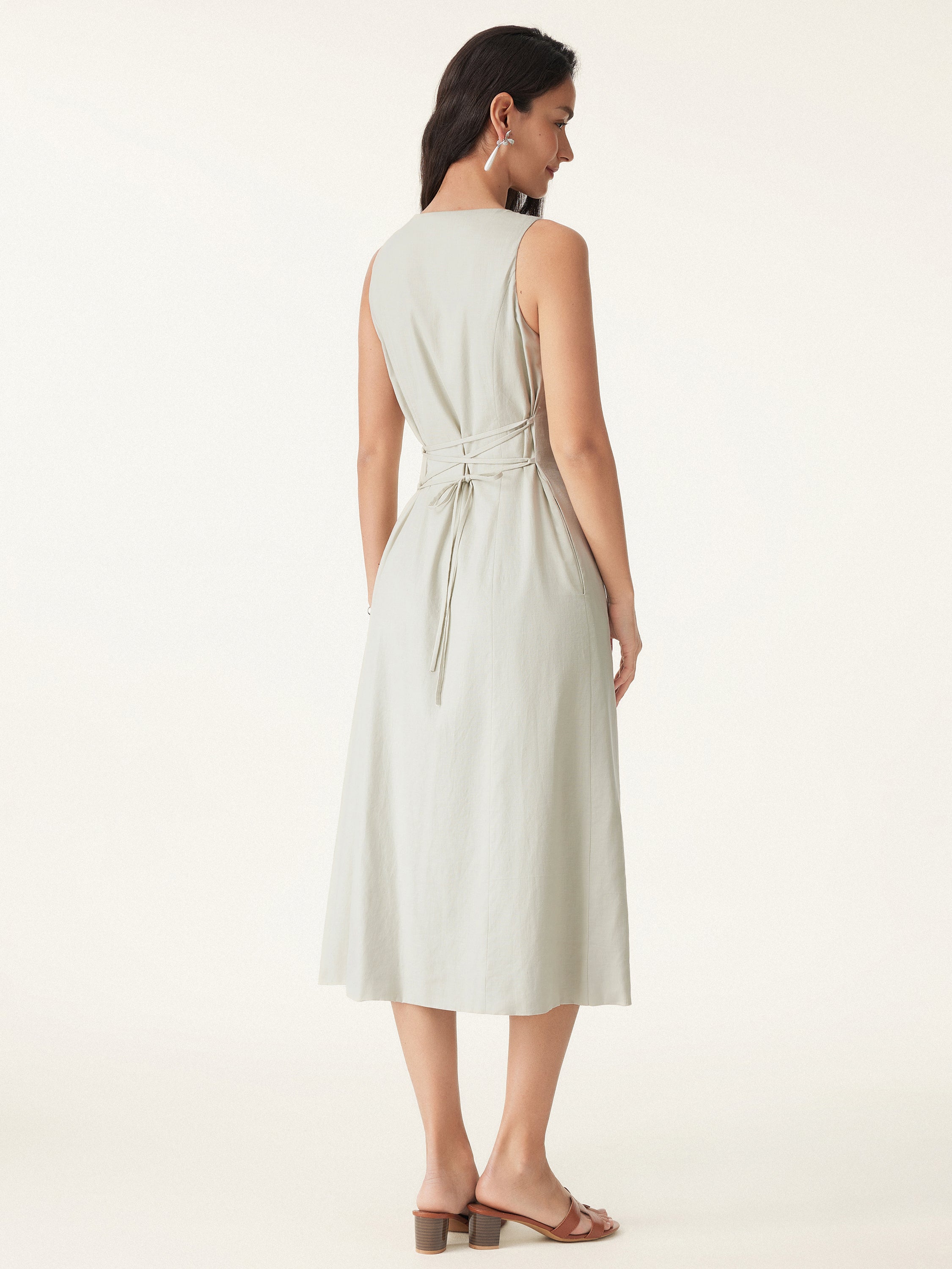 European Linen Waist-cinch Boatneck Button-up Midi Dress with Pockets European Linen Waist-cinch Boatneck Button-up Midi Dress with Pockets