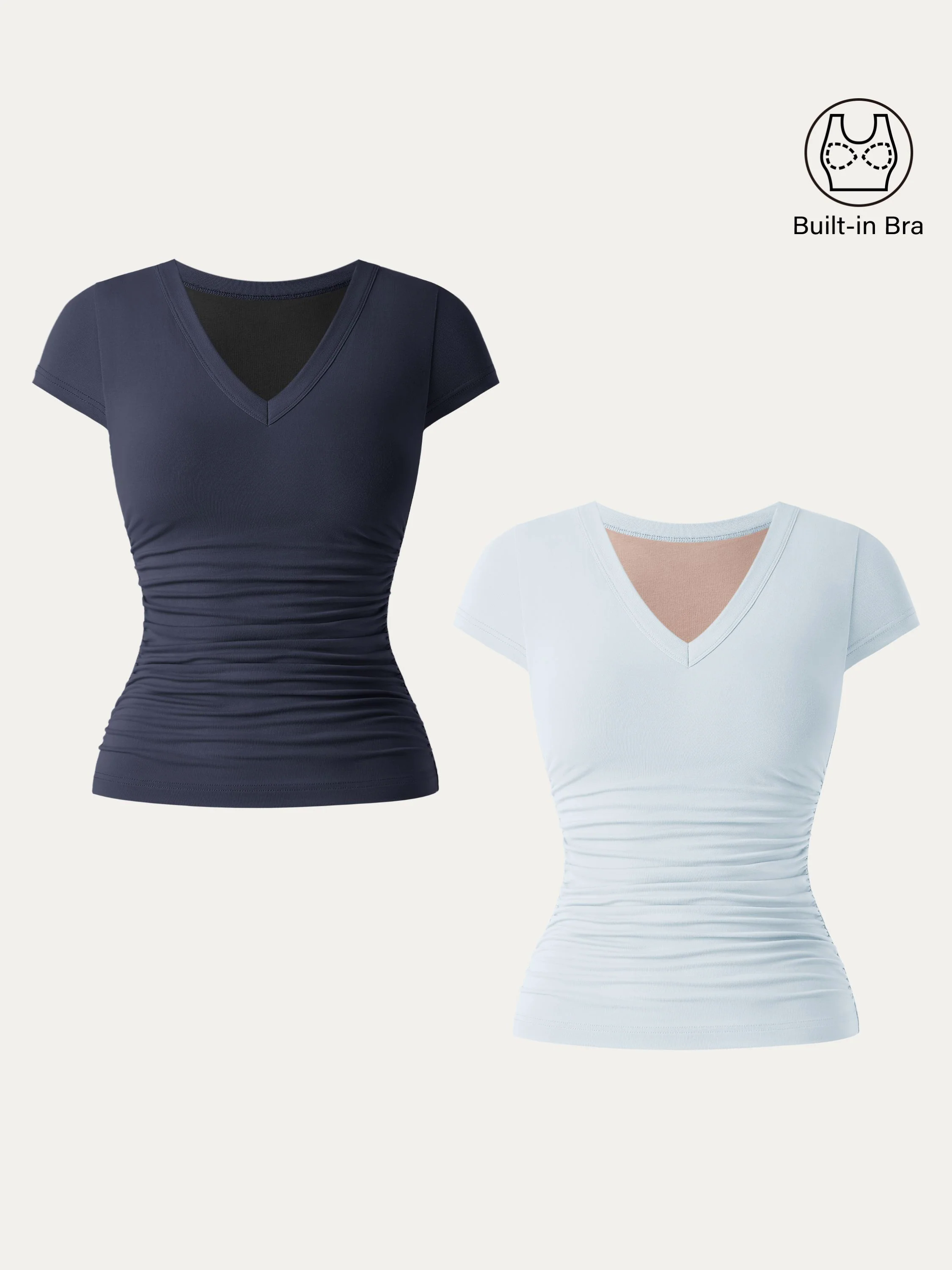 2Pcs Set Elevated V-neck Side Ruched Cap Sleeve Brami Tee 2Pcs Set Elevated V-neck Side Ruched Cap Sleeve Brami Tee