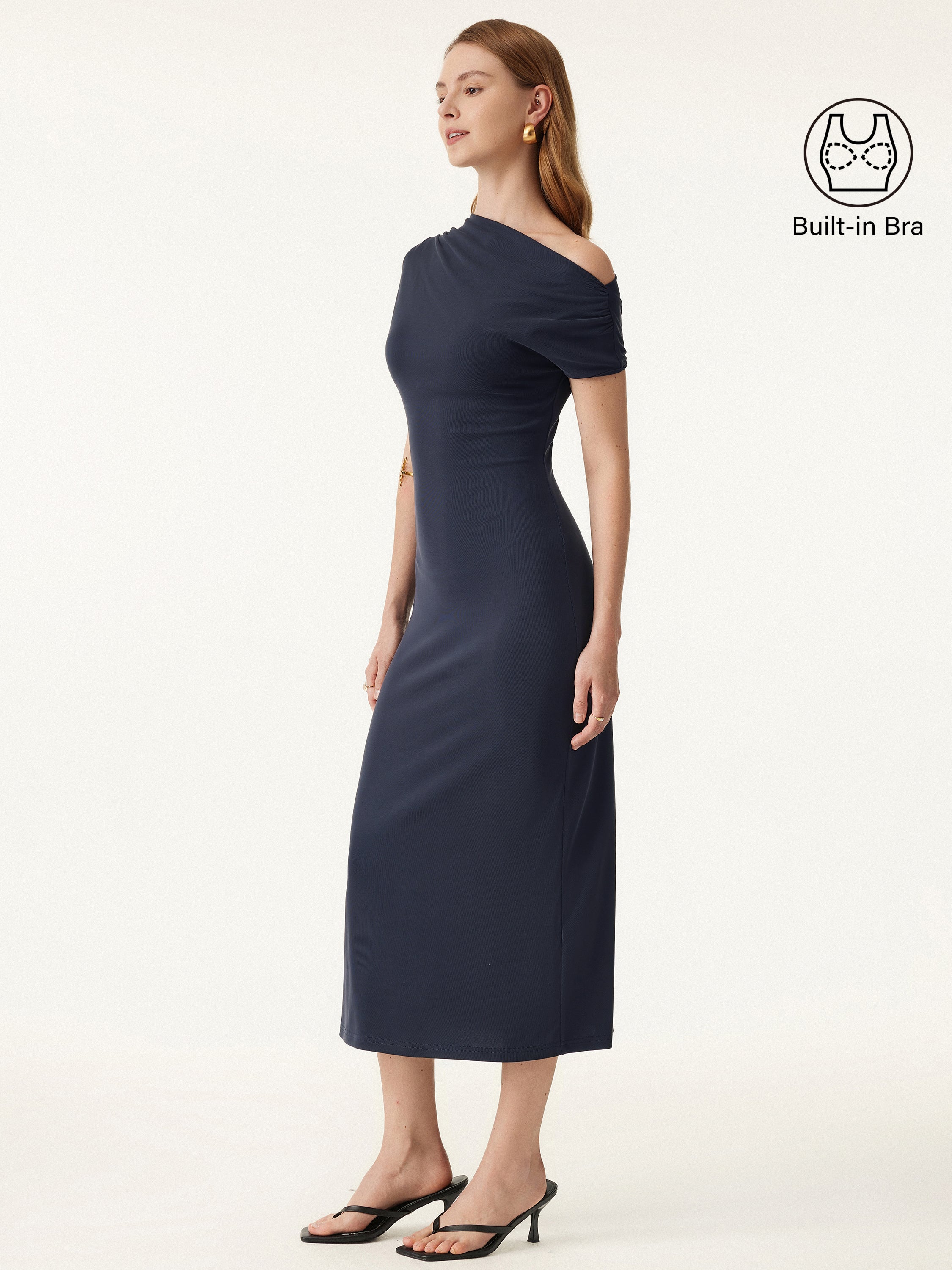 Sandwashed Asymmetrical Neck Short Sleeve Midi Brami Dress Sandwashed Asymmetrical Neck Short Sleeve Midi Brami Dress