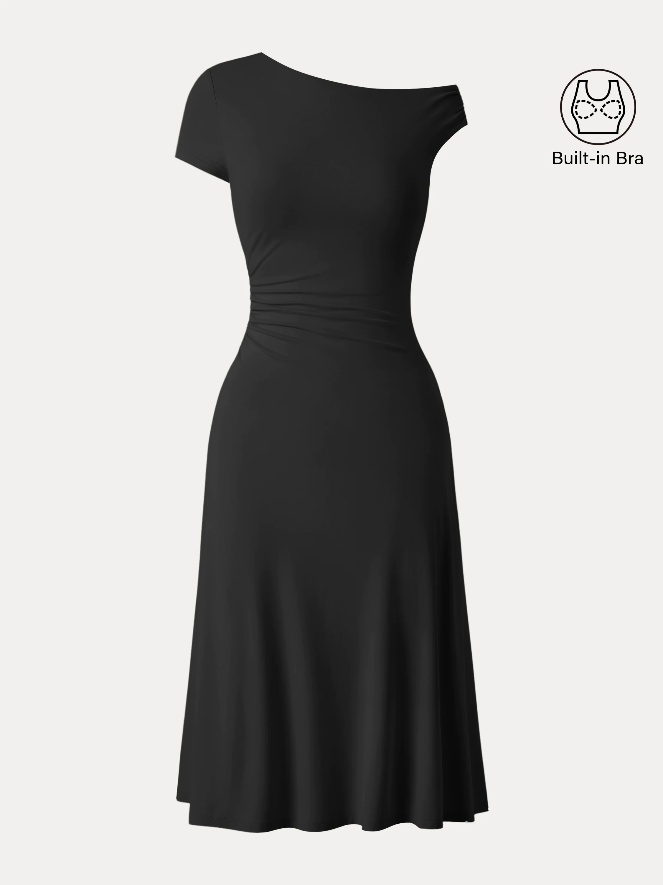 Asymmetrical Shoulder Side Ruched Midi Brami Dress Asymmetrical Shoulder Side Ruched Midi Brami Dress