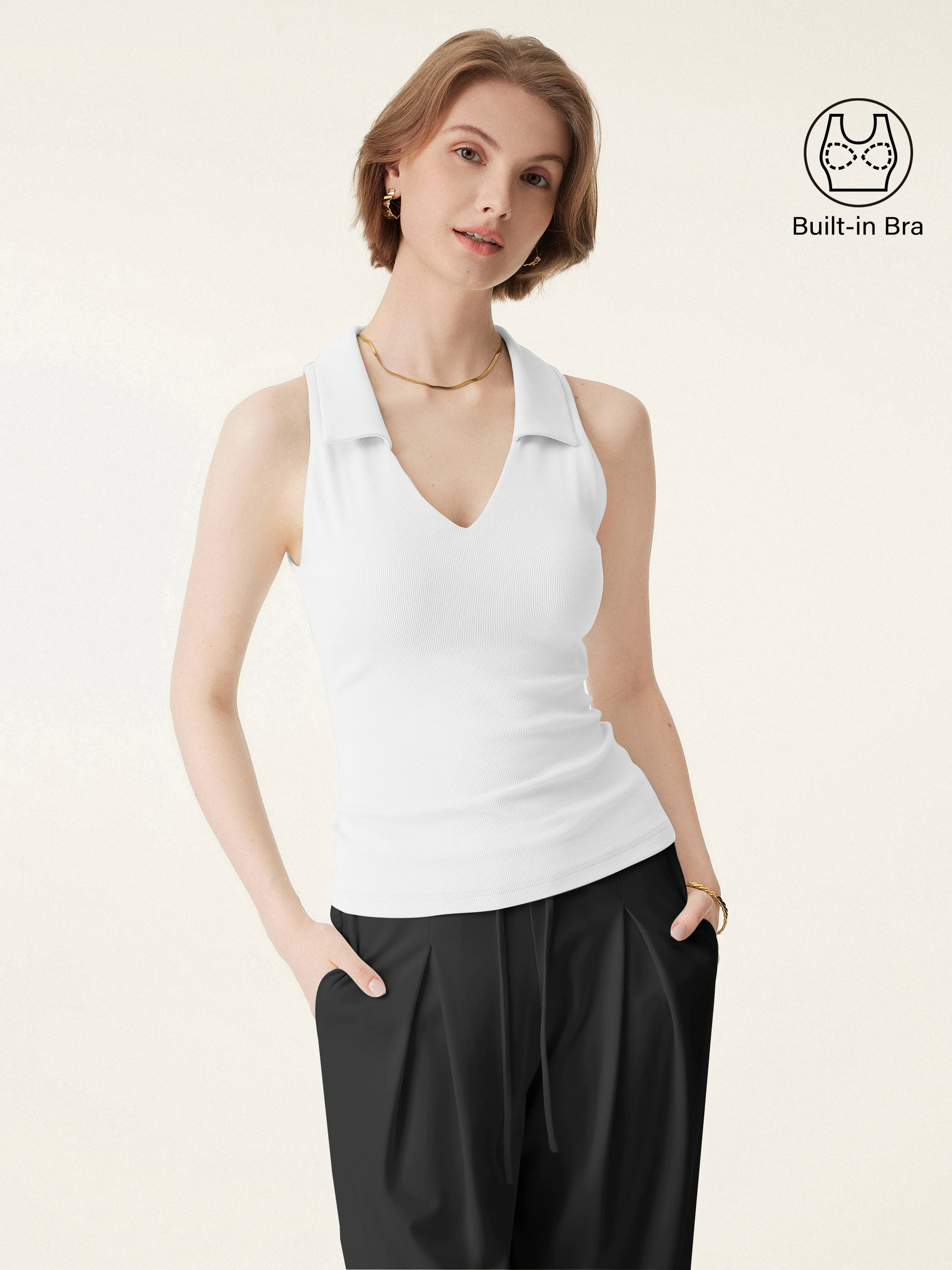 Stretch Cotton V-neck Collared Brami Top Stretch Cotton V-neck Collared Brami Top