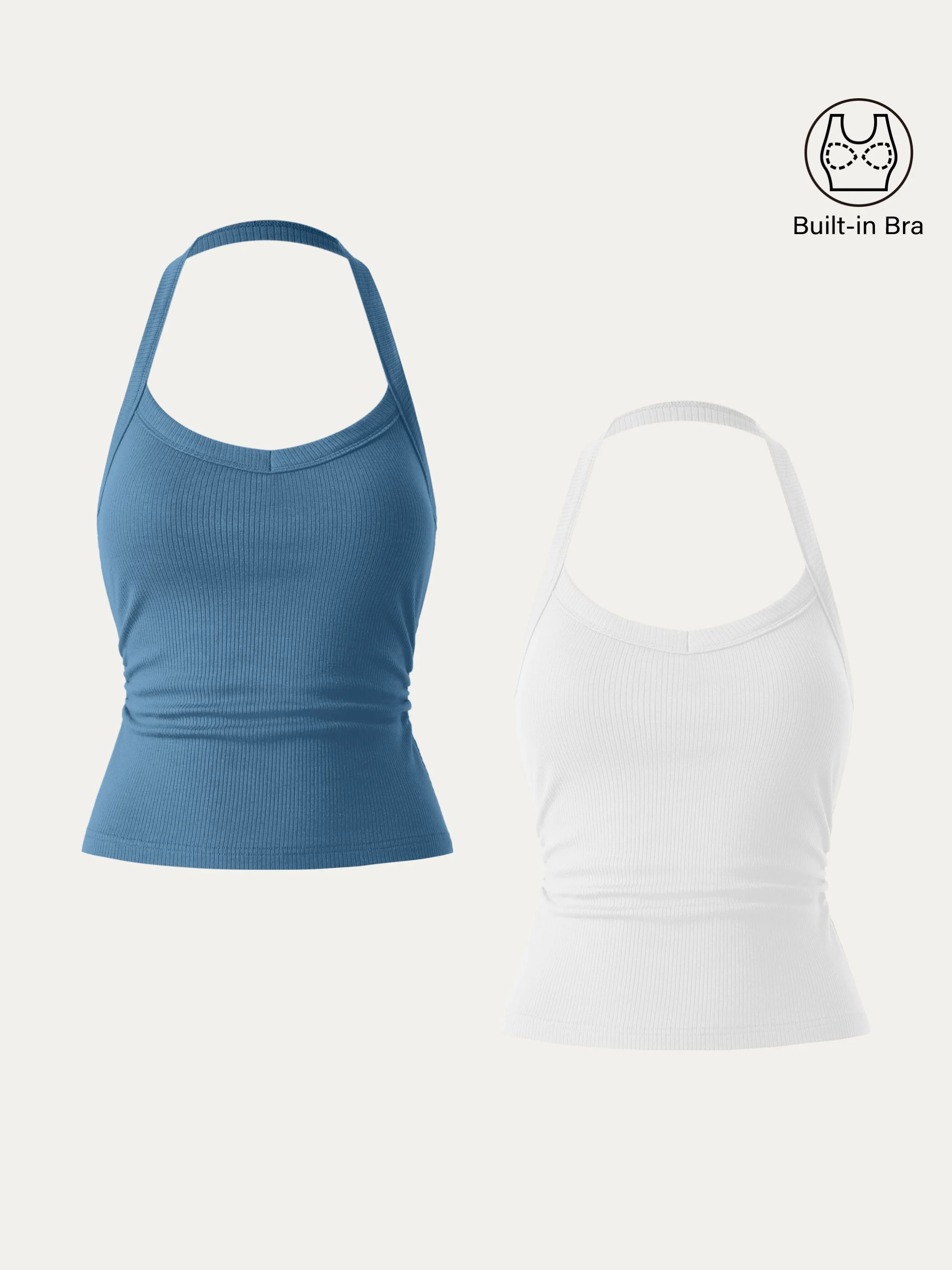 2Pcs Set Halter Neck Side Ruched Ribbed Brami Tank 2Pcs Set Halter Neck Side Ruched Ribbed Brami Tank