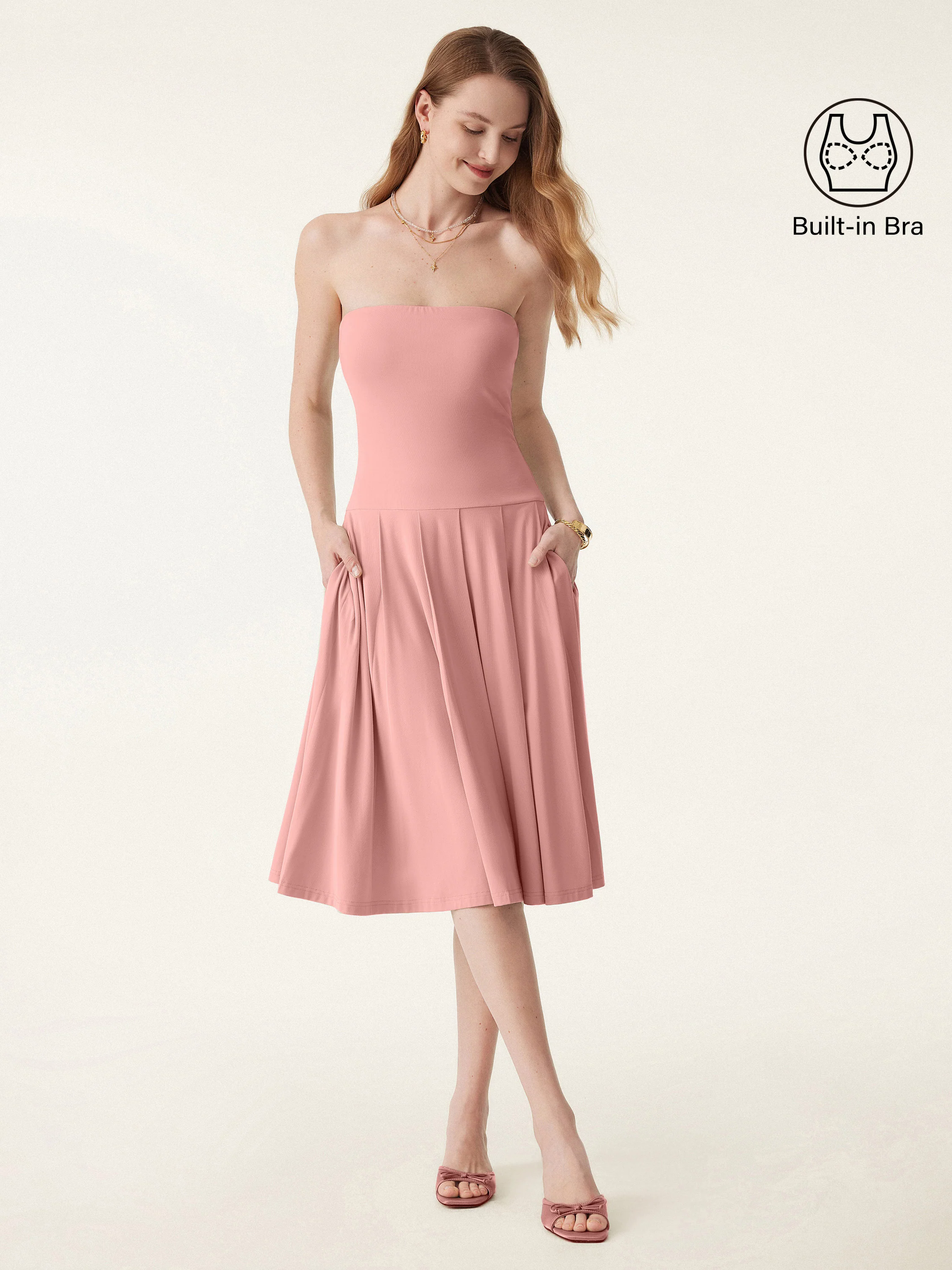 Strapless Pleated Midi Tube Brami Dress with Pockets