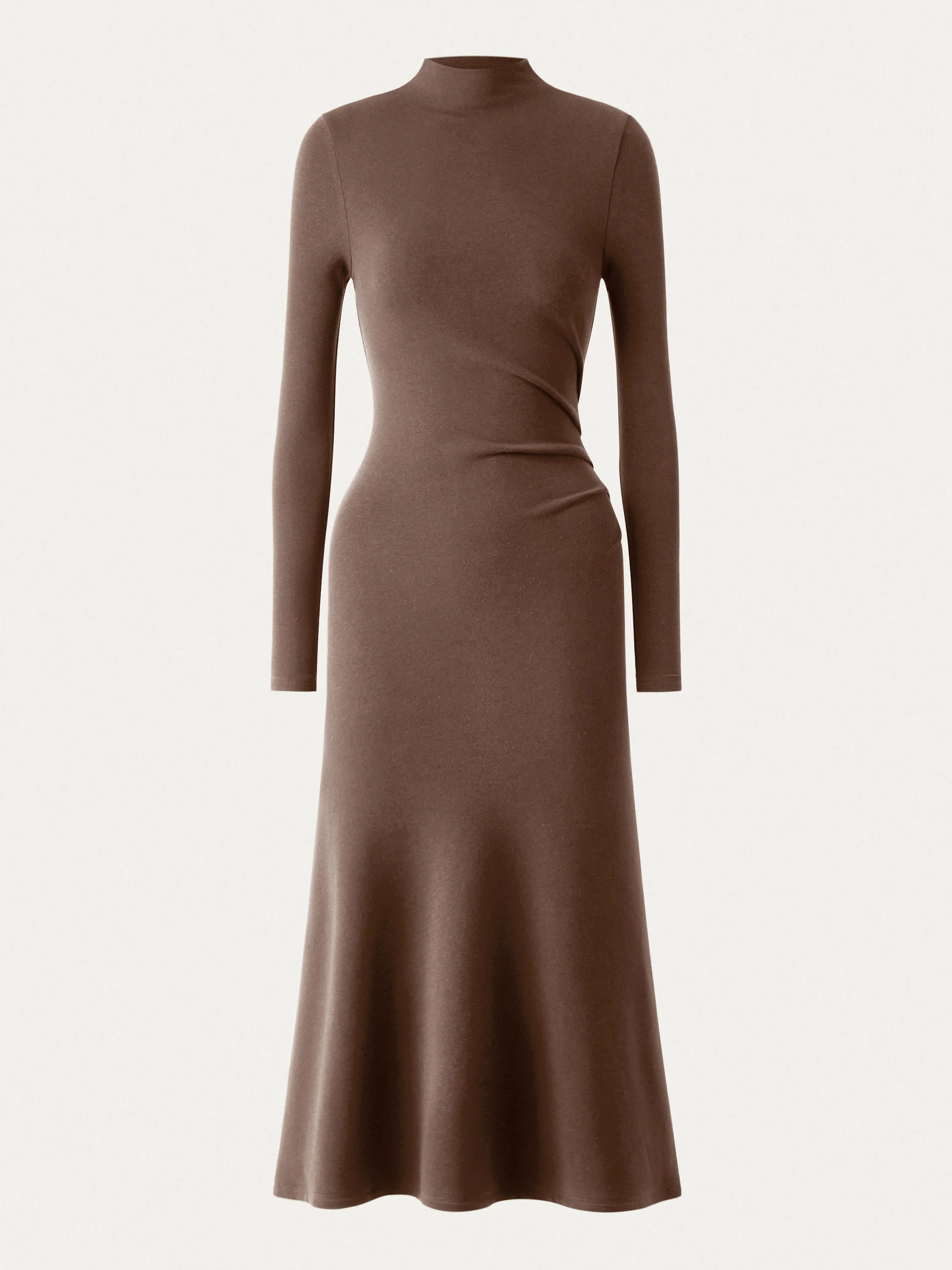 Heat-Tech Long Sleeves Mockneck Tucks Midi Dress Heat-Tech Long Sleeves Mockneck Tucks Midi Dress