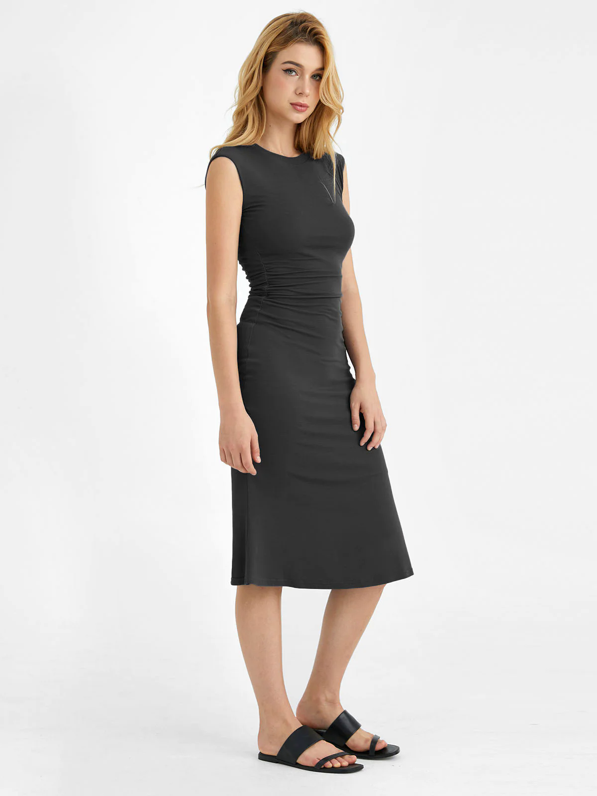Ruched Side Wide Shoulder Crew Midi Dress Ruched Side Wide Shoulder Crew Midi Dress