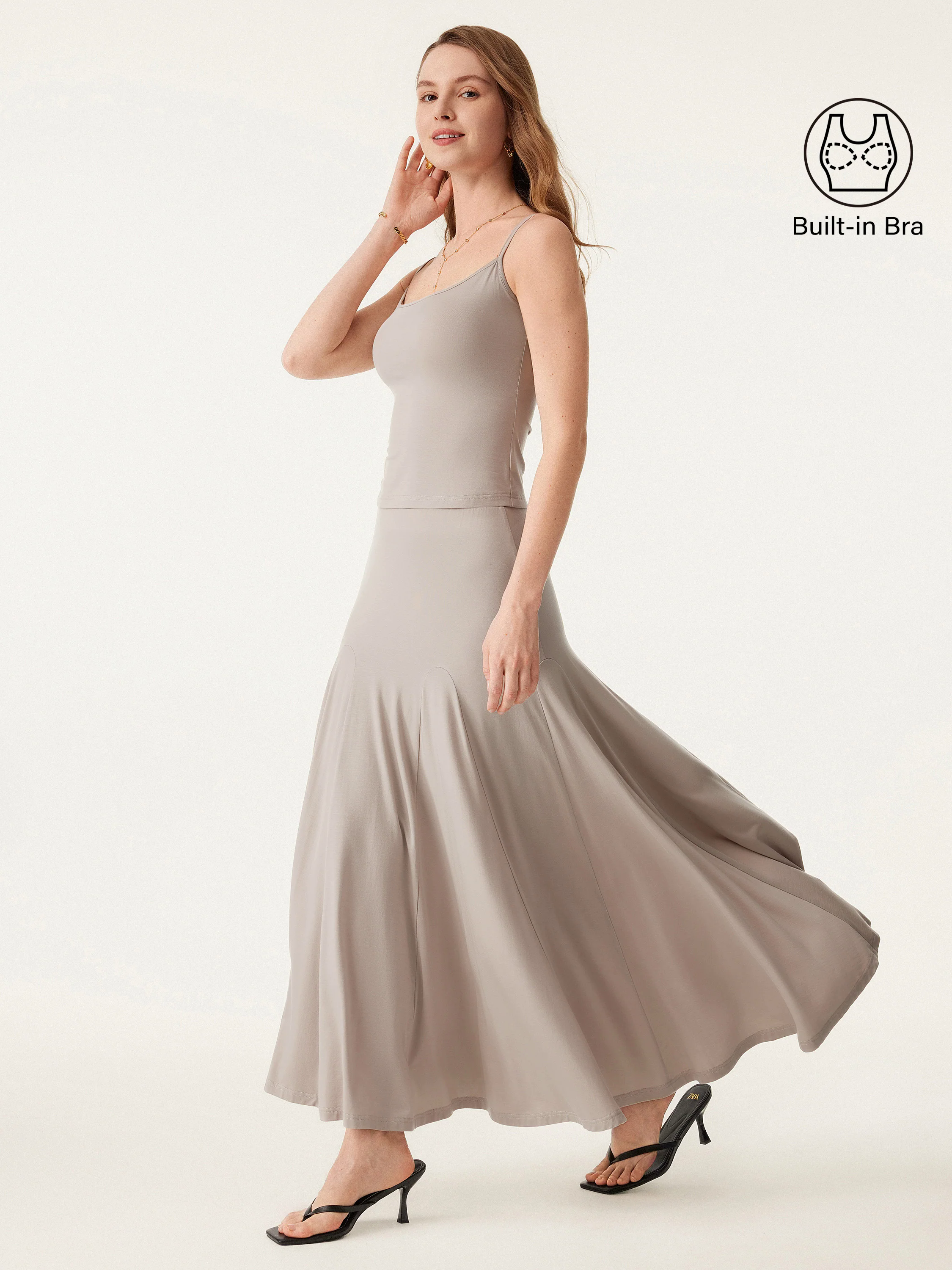 2Pcs Set U-neck Adjustable Straps Brami & Flowy Midi Pull-on Skirt