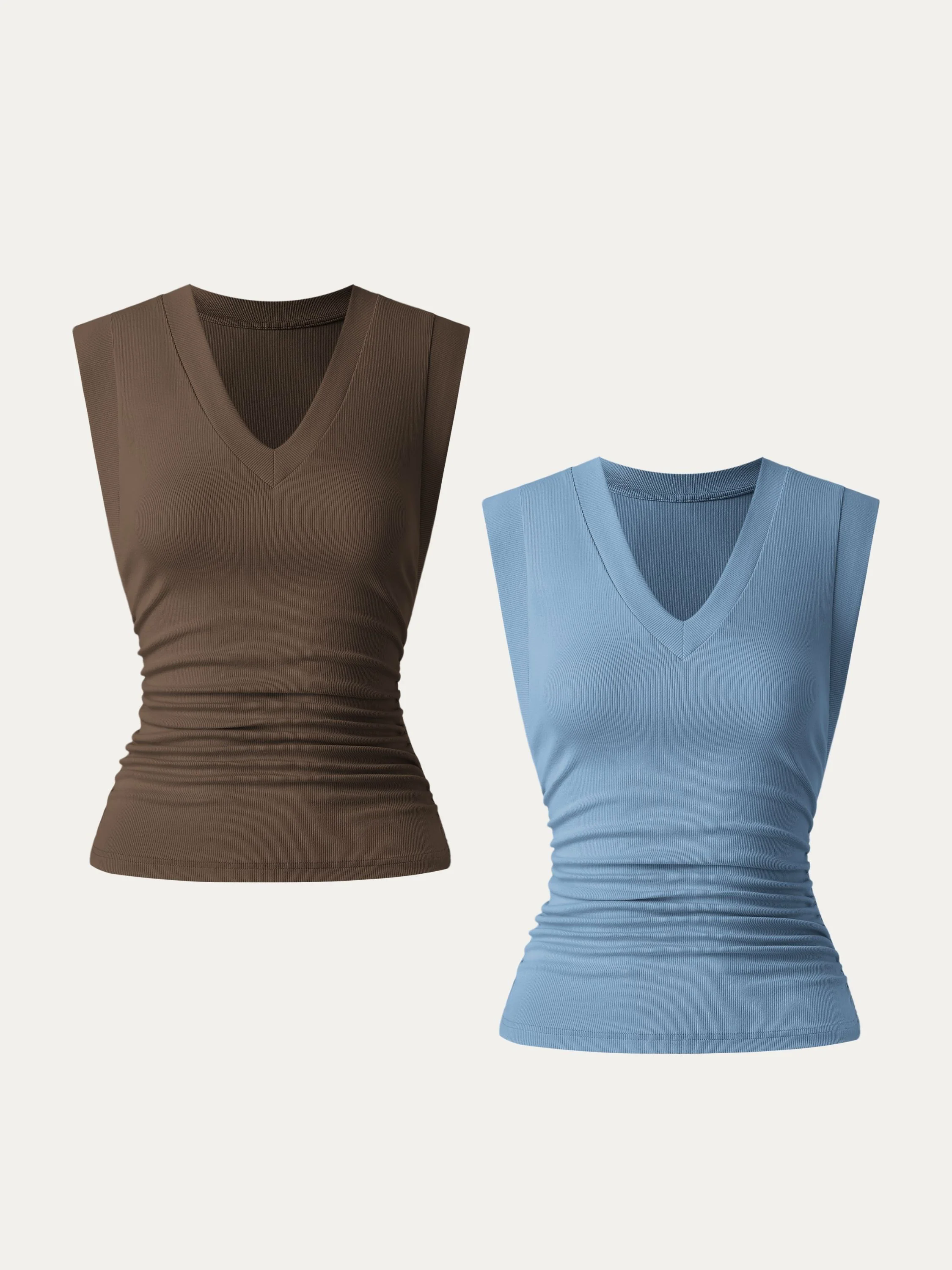 2Pcs Set Stretch Cotton V-neck Side Ruched Muscle Tee 2Pcs Set Stretch Cotton V-neck Side Ruched Muscle Tee