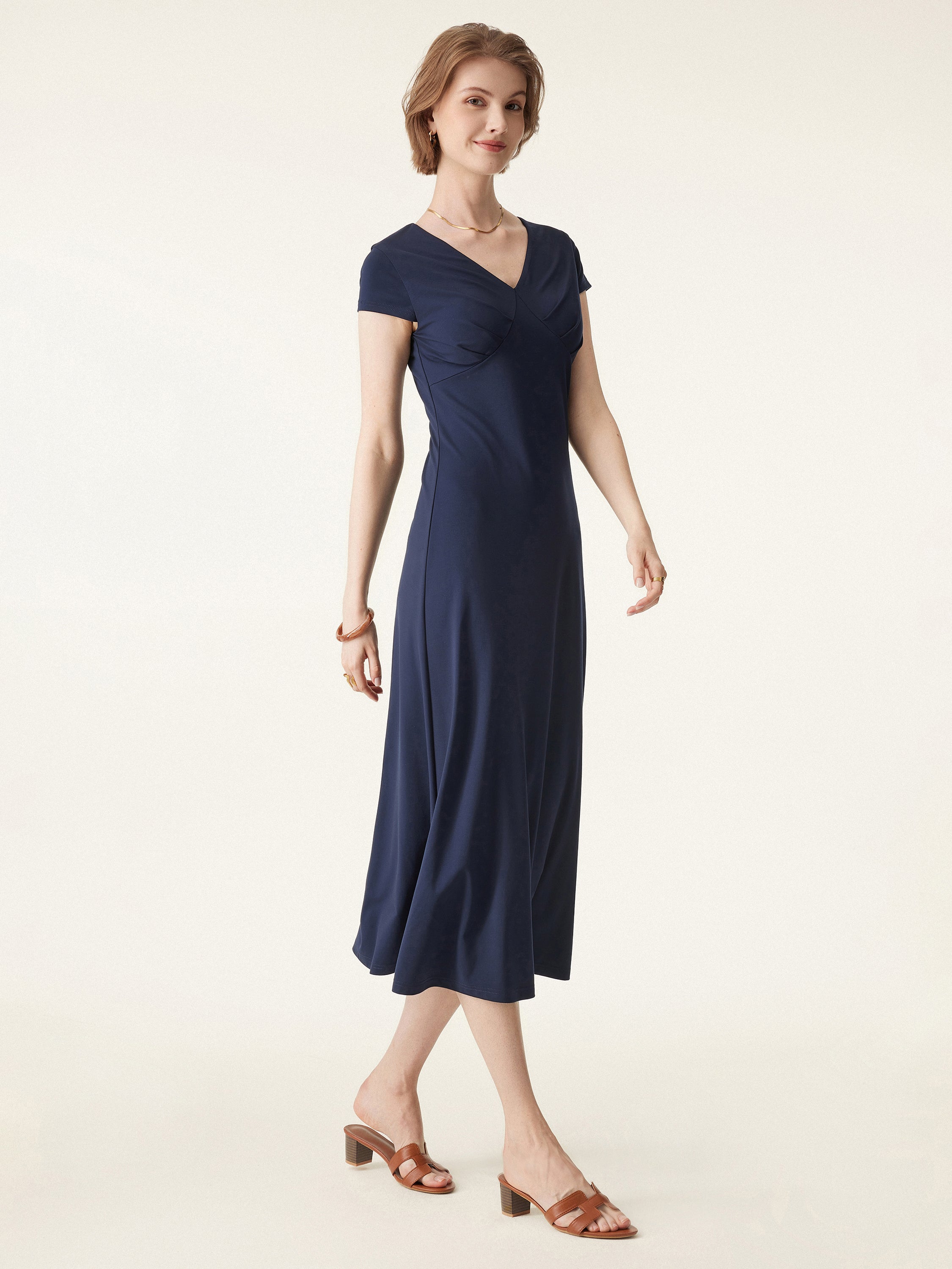 Bamboo Ponte V-neck Short Sleeve Midi Flared Dress Bamboo Ponte V-neck Short Sleeve Midi Flared Dress