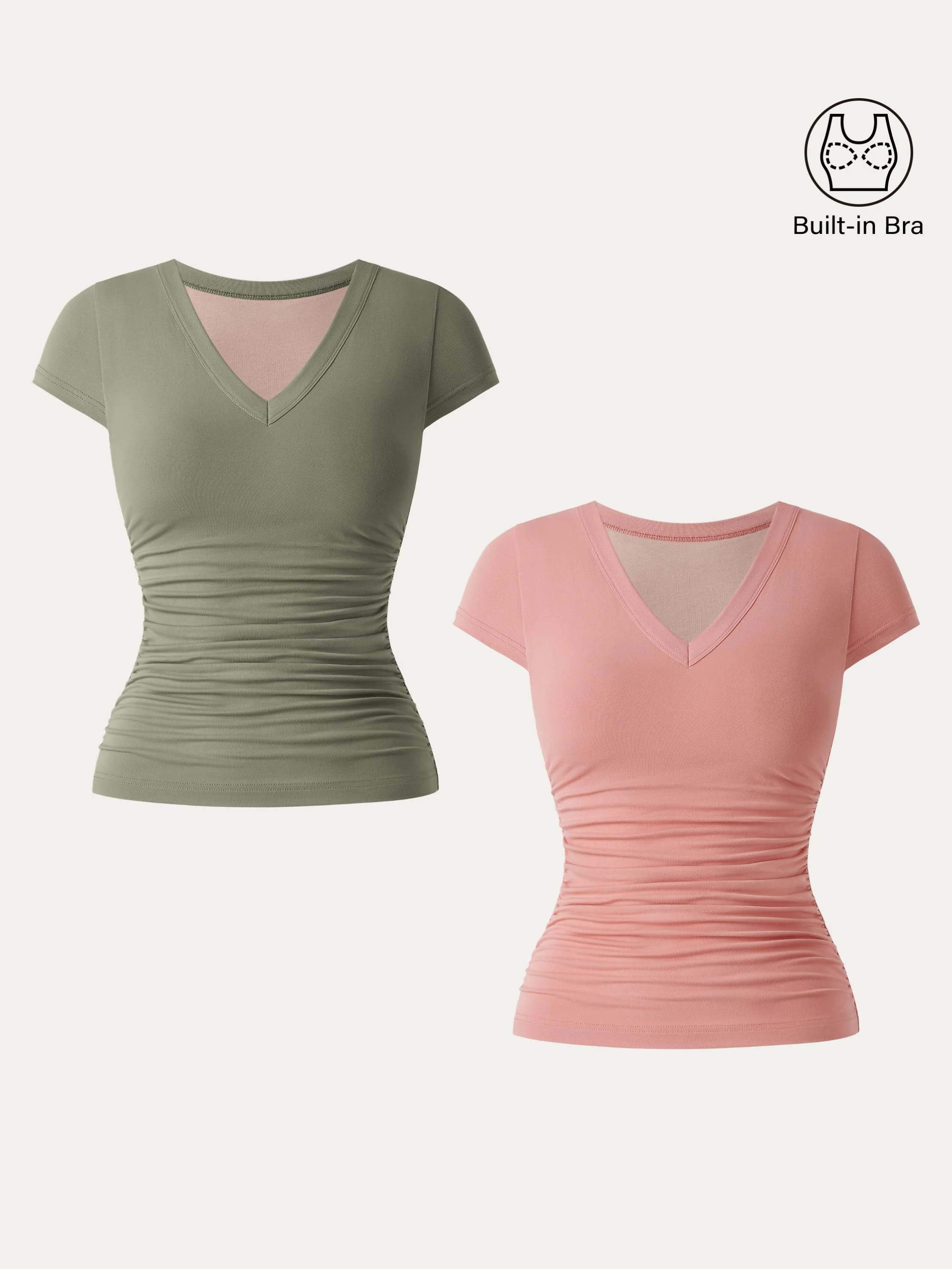 2Pcs Set Elevated V-neck Side Ruched Cap Sleeve Brami Tee 2Pcs Set Elevated V-neck Side Ruched Cap Sleeve Brami Tee