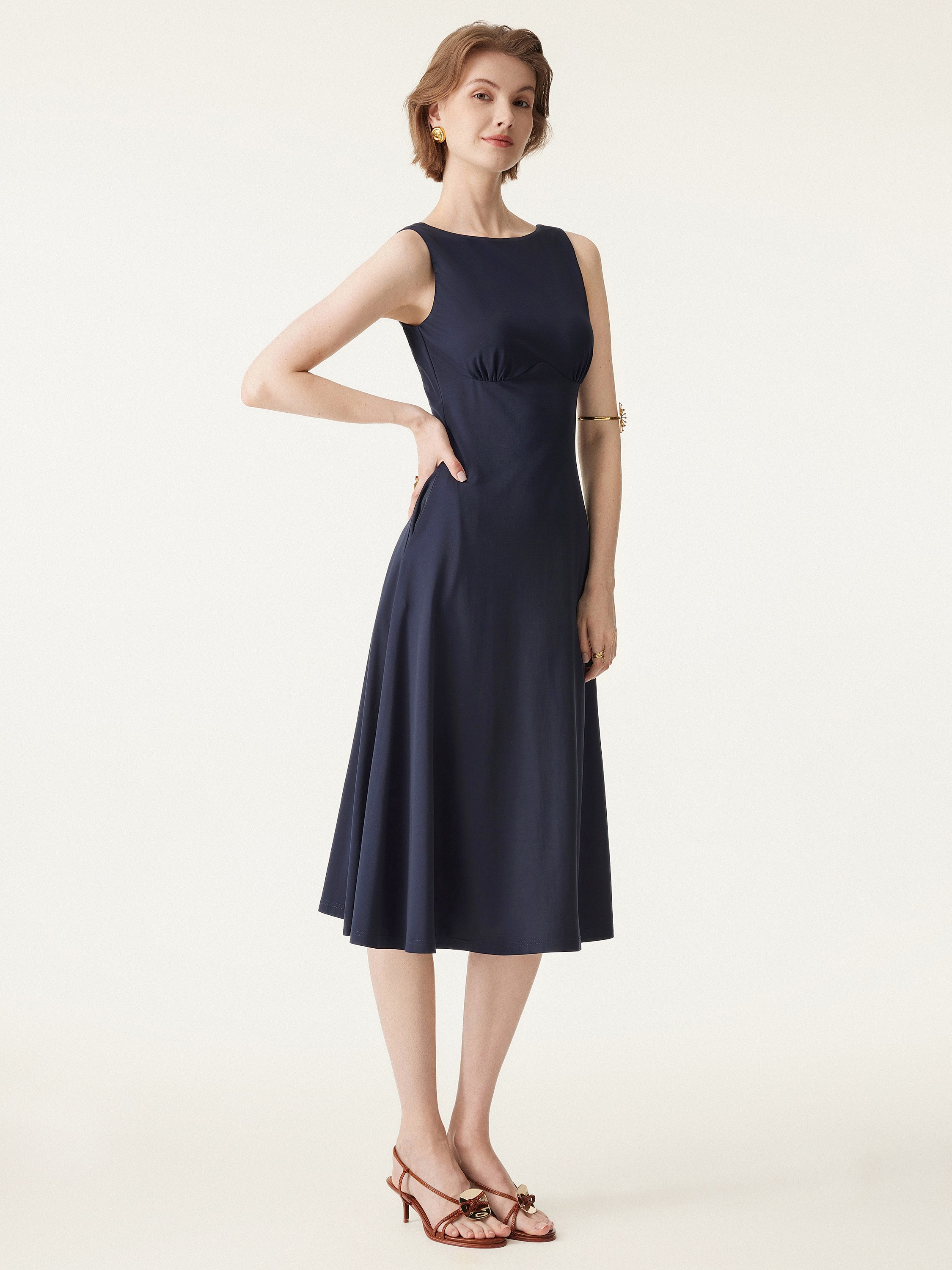 Boatneck Flared Midi Brami Dress with Pockets Boatneck Flared Midi Brami Dress with Pockets