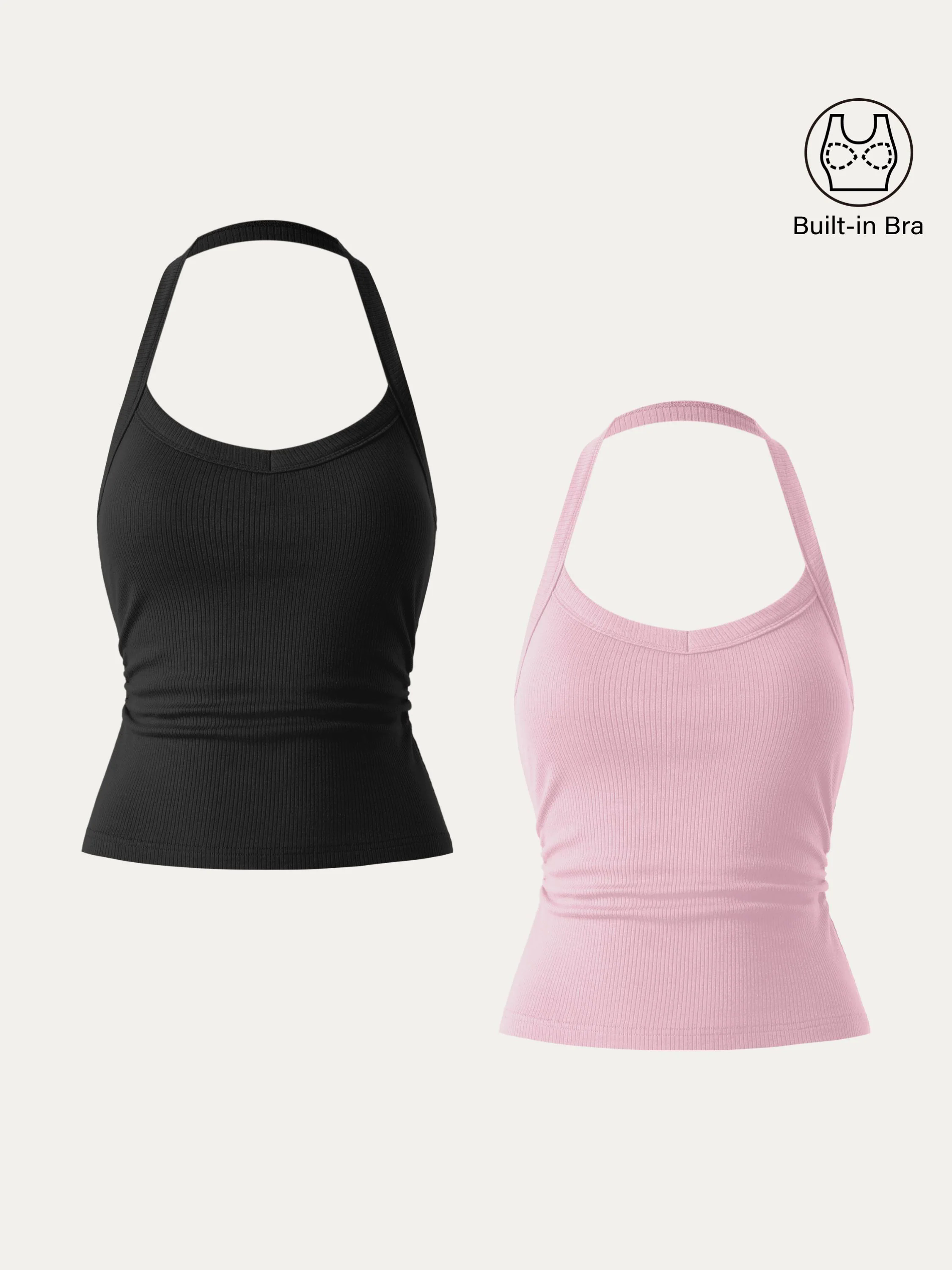 2Pcs Set Halter Neck Side Ruched Ribbed Brami Tank 2Pcs Set Halter Neck Side Ruched Ribbed Brami Tank