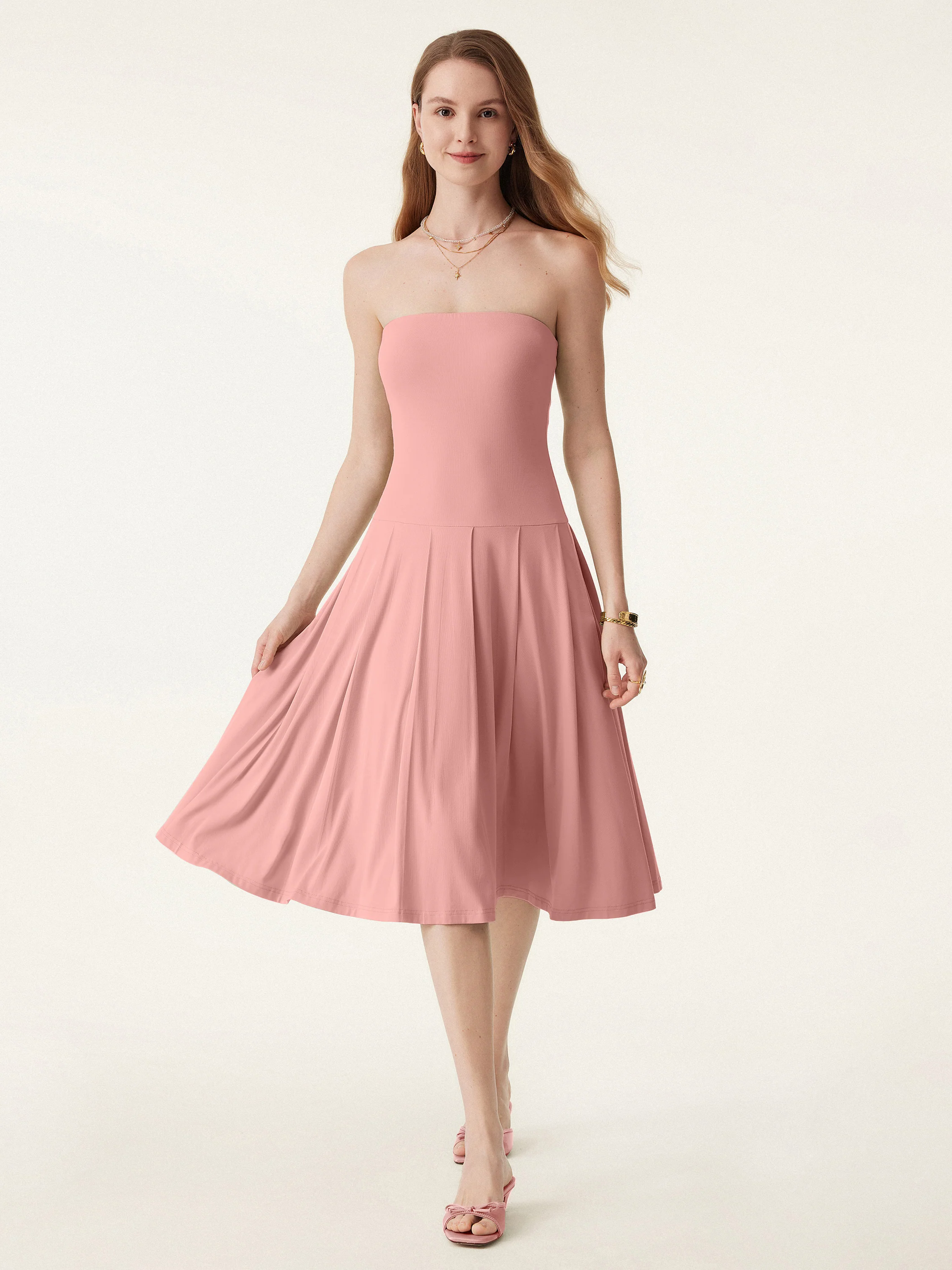 Strapless Pleated Midi Tube Brami Dress with Pockets