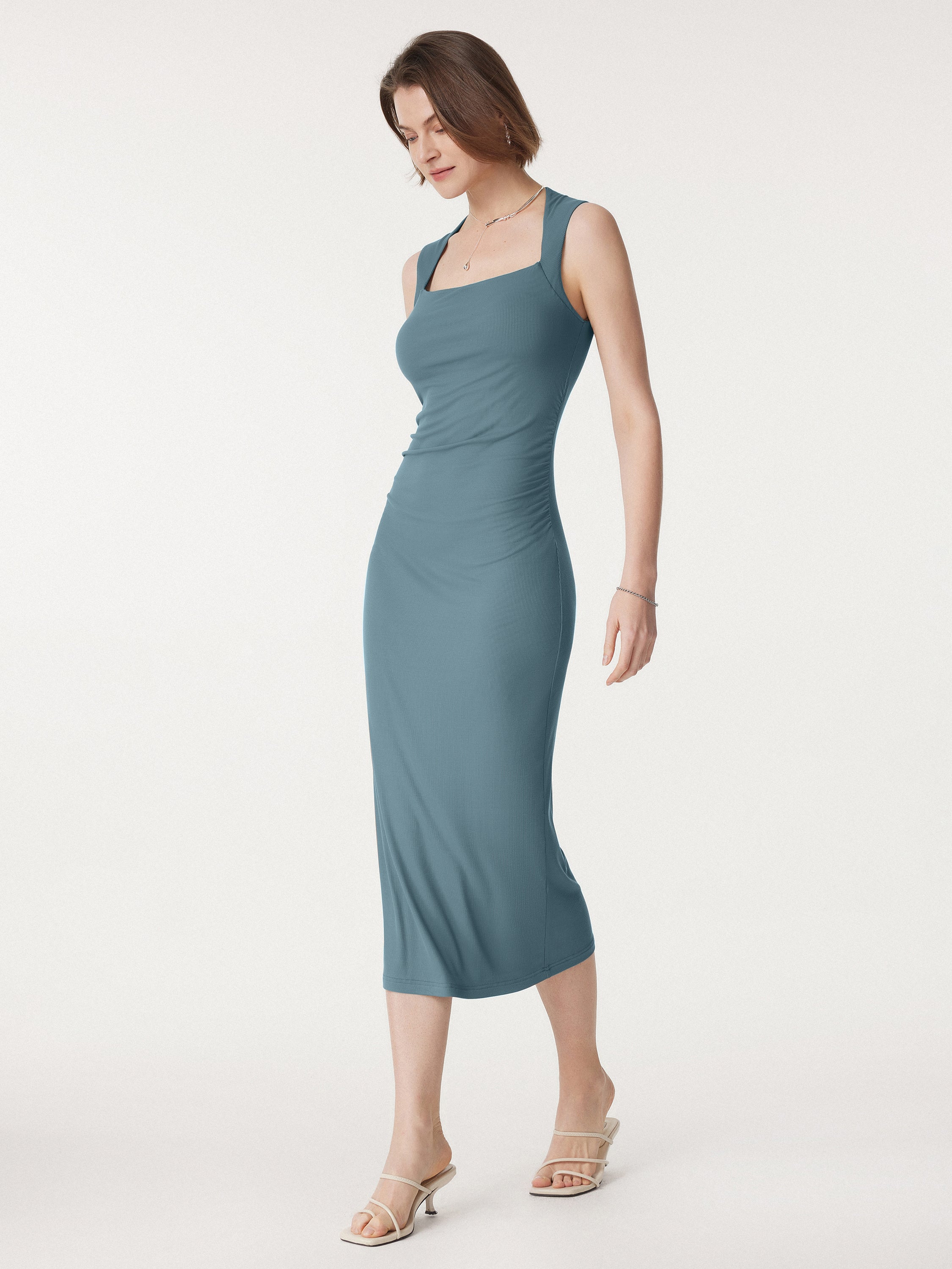 Square Neck Side Ruched Sleeveless Brami Midi Dress Square Neck Side Ruched Sleeveless Brami Midi Dress
