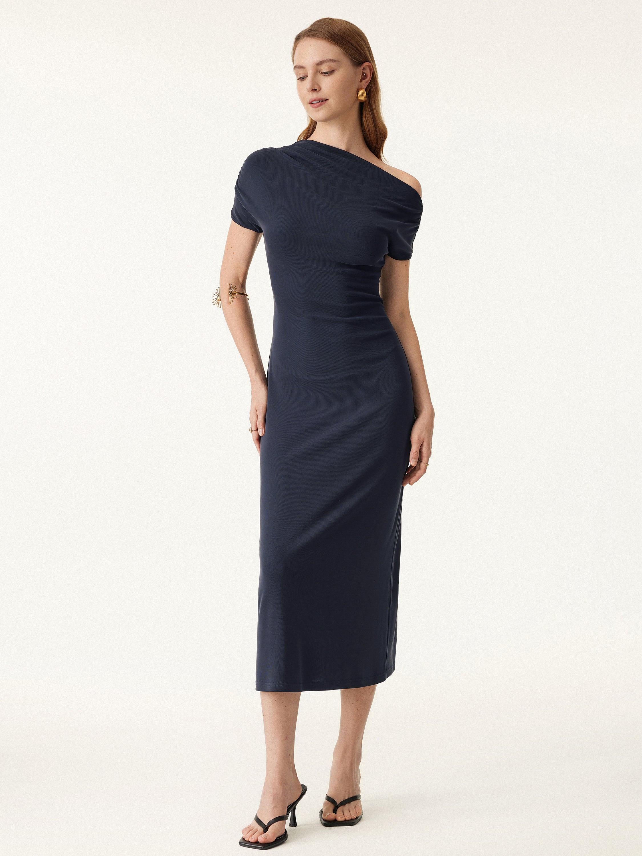 Sandwashed Asymmetrical Neck Short Sleeve Midi Brami Dress Sandwashed Asymmetrical Neck Short Sleeve Midi Brami Dress