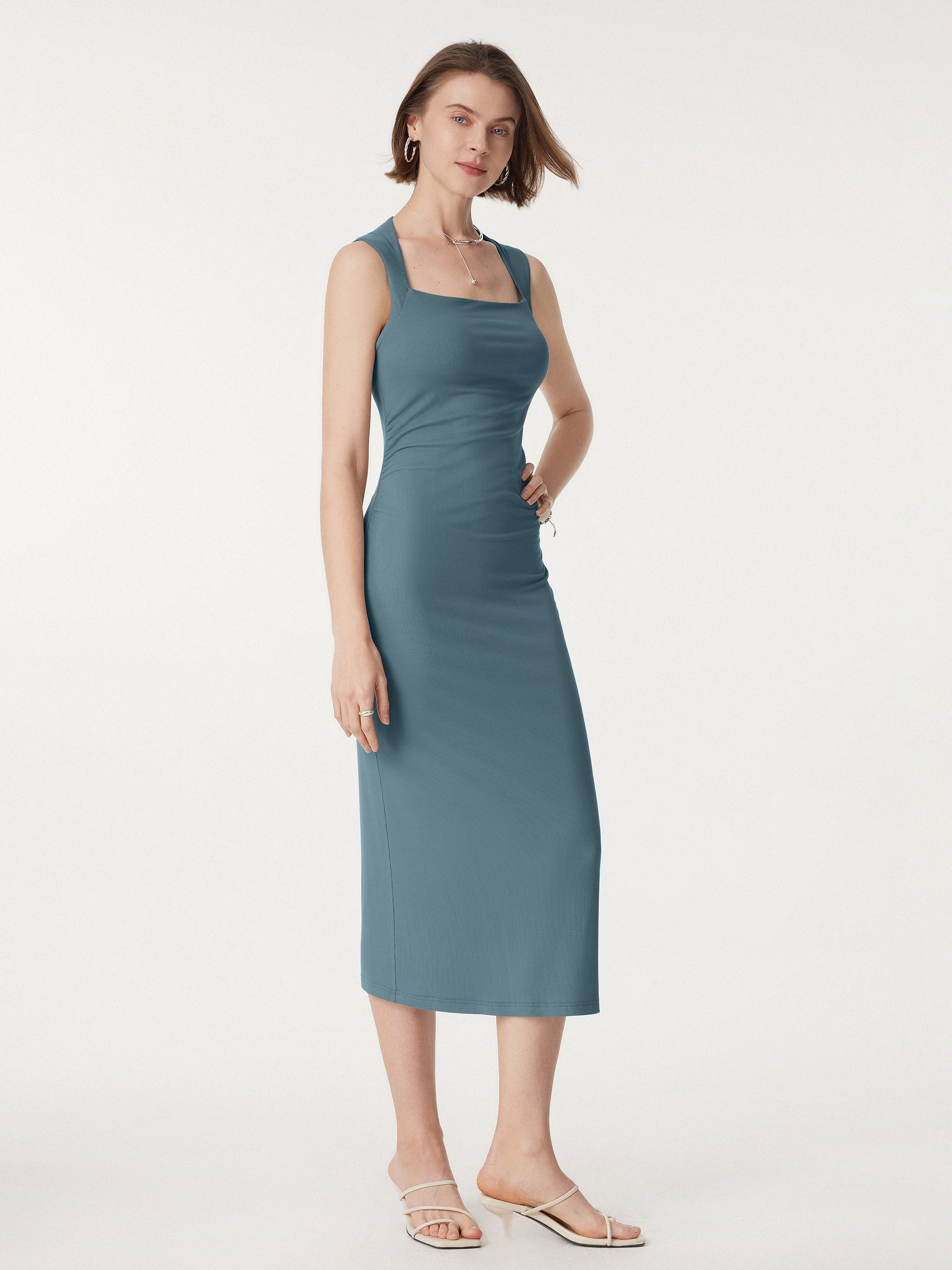 Square Neck Side Ruched Sleeveless Brami Midi Dress Square Neck Side Ruched Sleeveless Brami Midi Dress