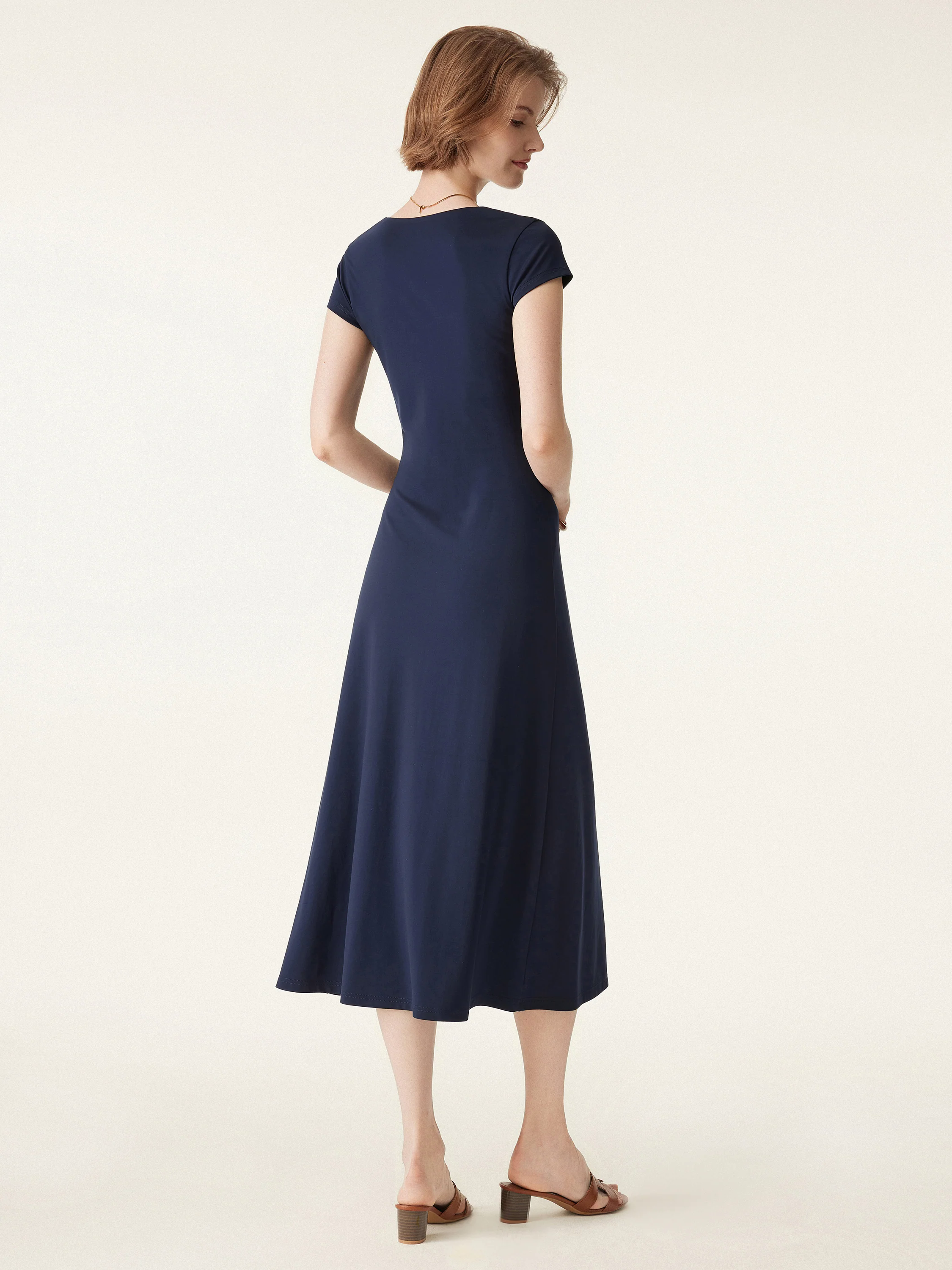 Bamboo Ponte V-neck Short Sleeve Midi Flared Dress Bamboo Ponte V-neck Short Sleeve Midi Flared Dress