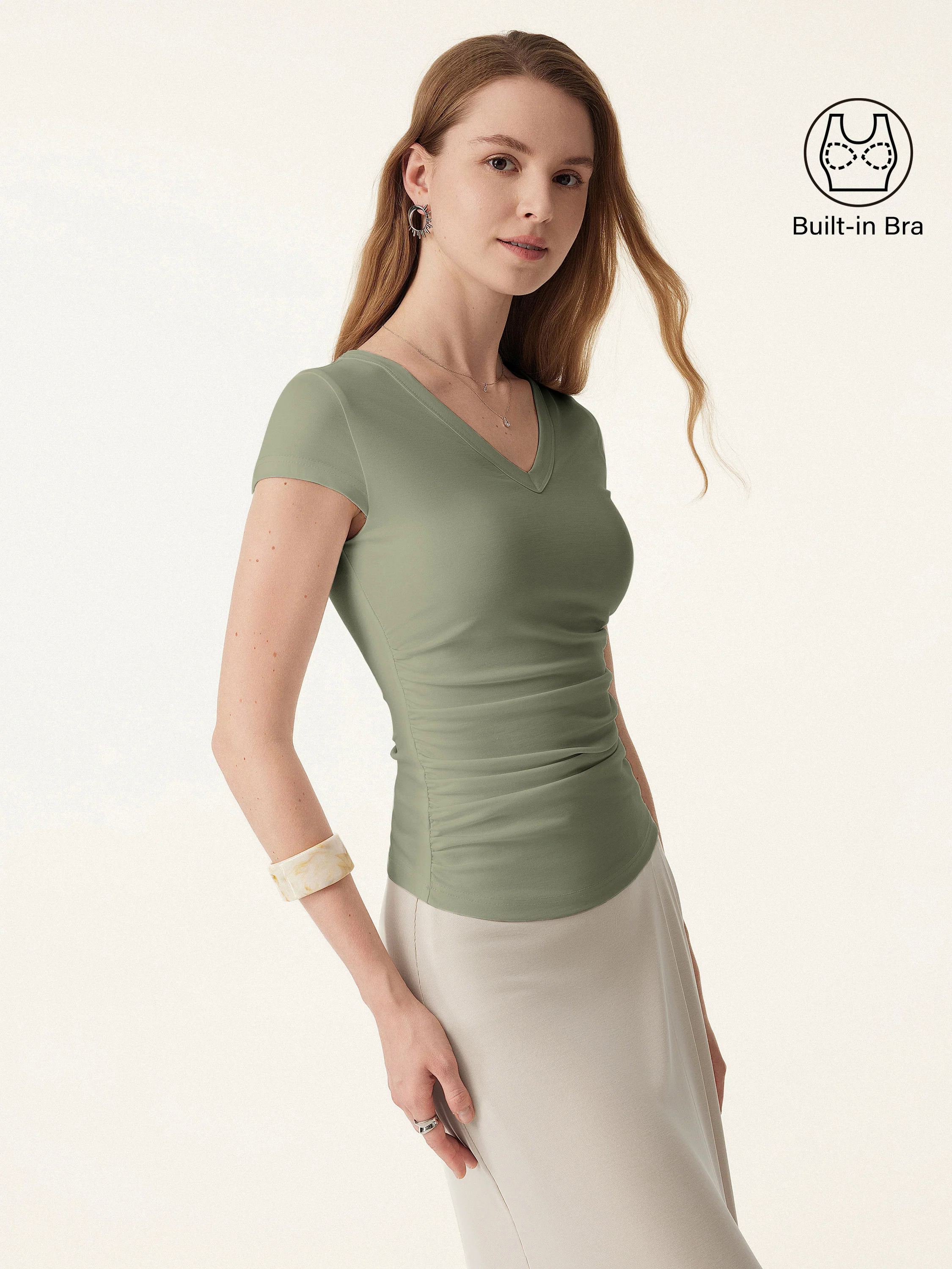 2Pcs Set Elevated V-neck Side Ruched Cap Sleeve Brami Tee 2Pcs Set Elevated V-neck Side Ruched Cap Sleeve Brami Tee