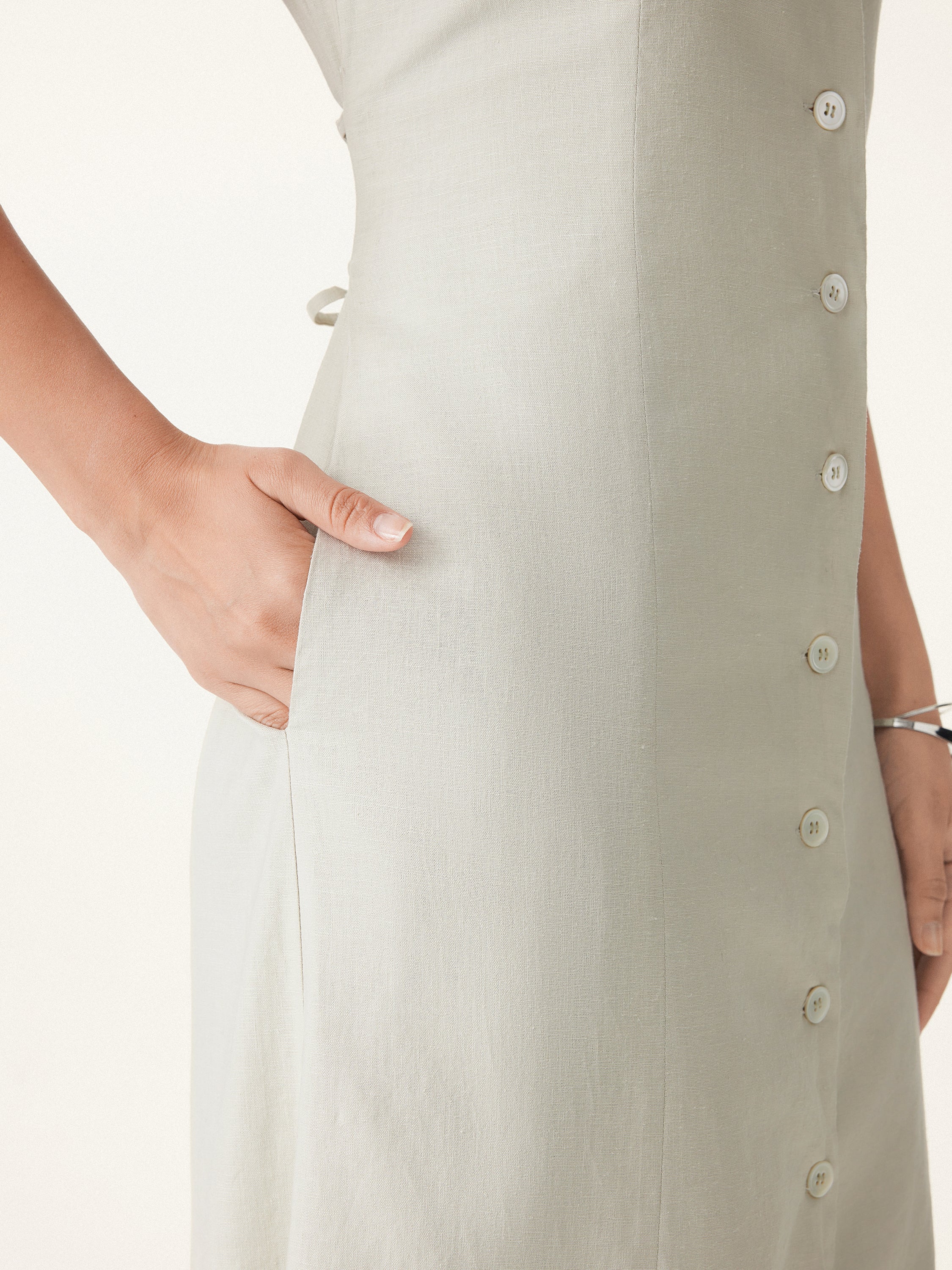 European Linen Waist-cinch Boatneck Button-up Midi Dress with Pockets European Linen Waist-cinch Boatneck Button-up Midi Dress with Pockets