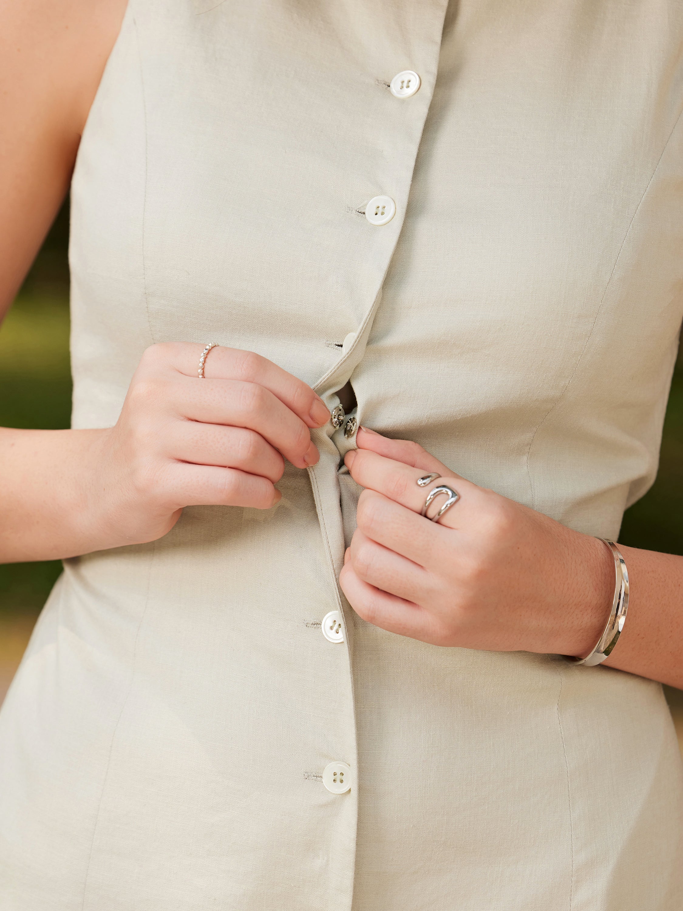 European Linen Waist-cinch Boatneck Button-up Midi Dress with Pockets European Linen Waist-cinch Boatneck Button-up Midi Dress with Pockets