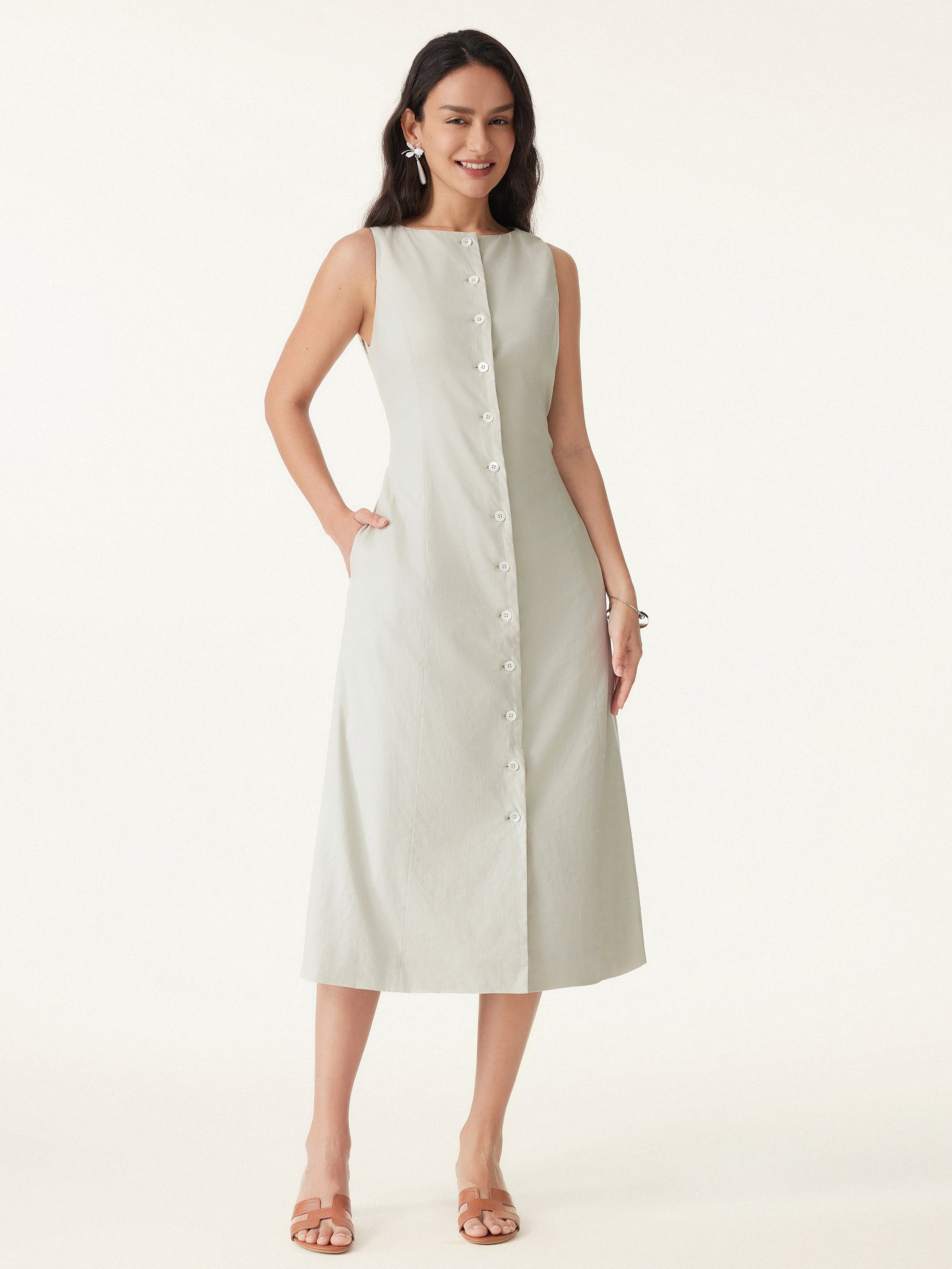 European Linen Waist-cinch Boatneck Button-up Midi Dress with Pockets European Linen Waist-cinch Boatneck Button-up Midi Dress with Pockets