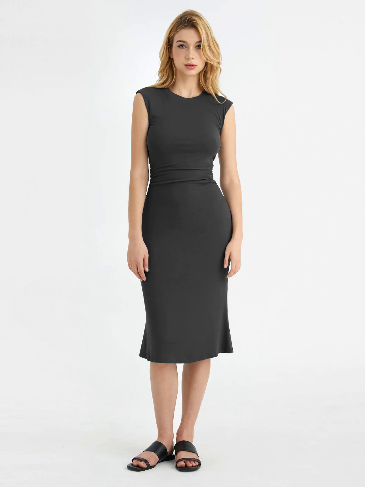 Ruched Side Wide Shoulder Crew Midi Dress Ruched Side Wide Shoulder Crew Midi Dress