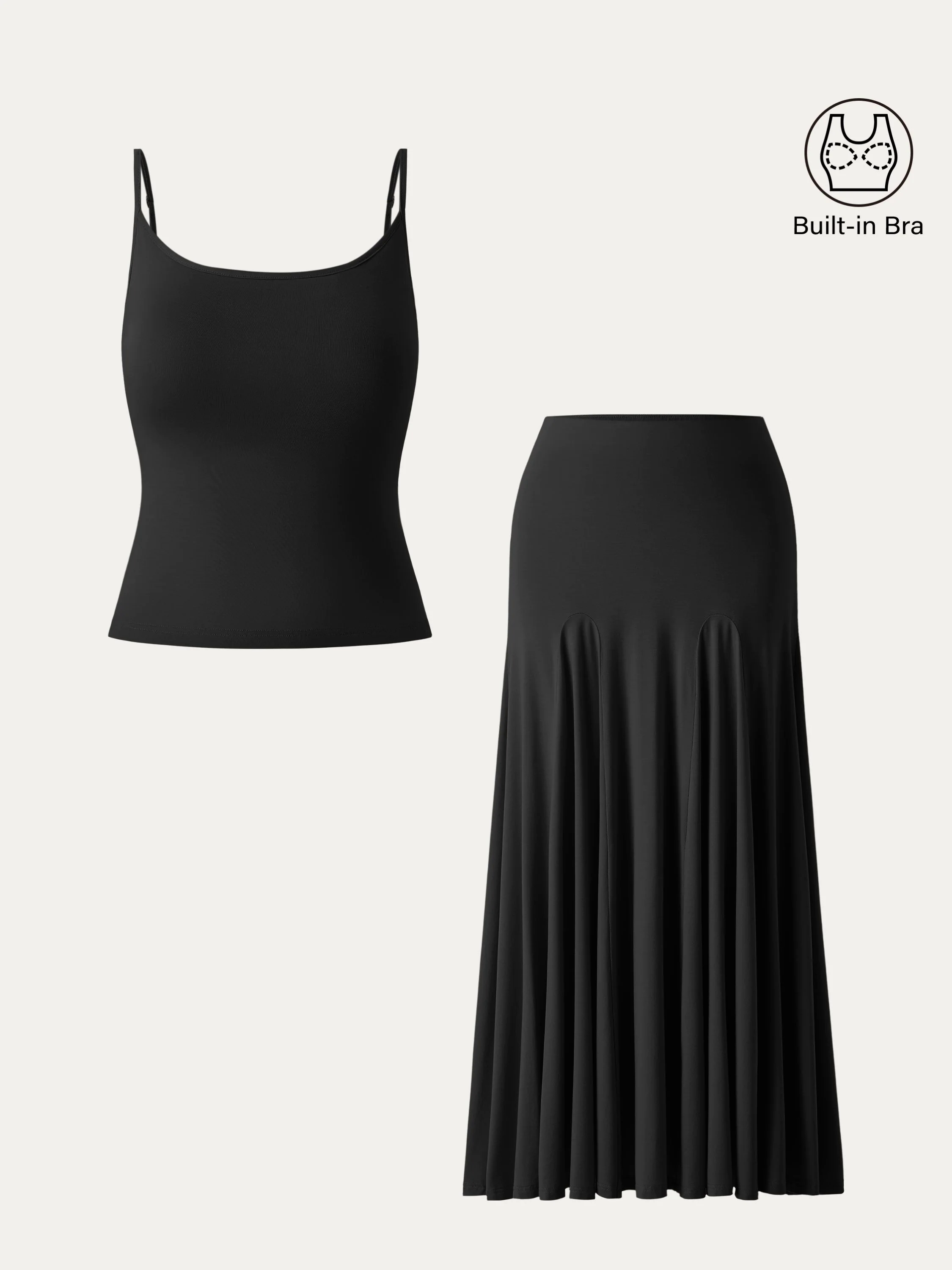 2Pcs Set U-neck Adjustable Straps Brami & Flowy Midi Pull-on Skirt 2Pcs Set U-neck Adjustable Straps Brami & Flowy Midi Pull-on Skirt