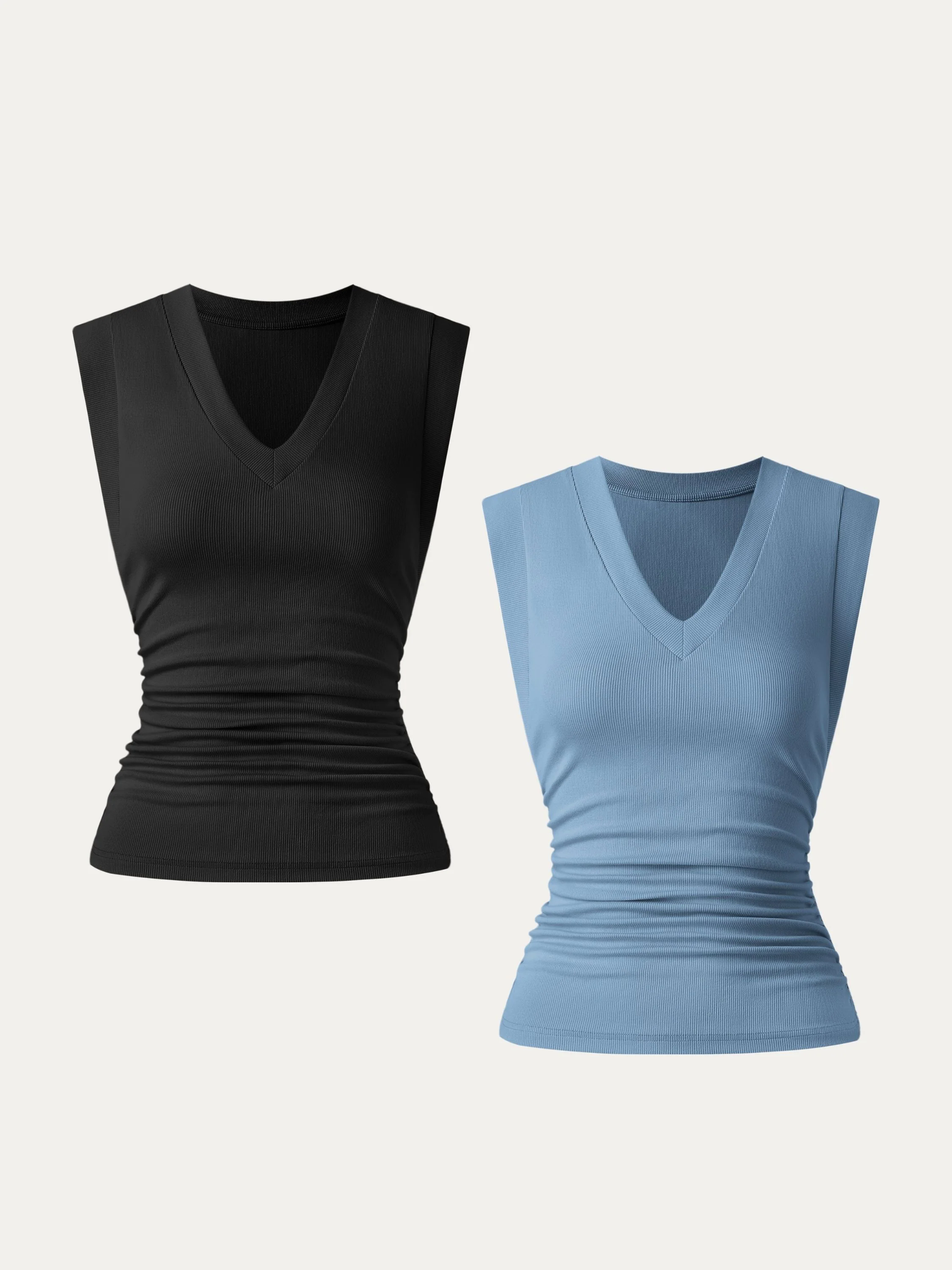 2Pcs Set Stretch Cotton V-neck Side Ruched Muscle Tee 2Pcs Set Stretch Cotton V-neck Side Ruched Muscle Tee