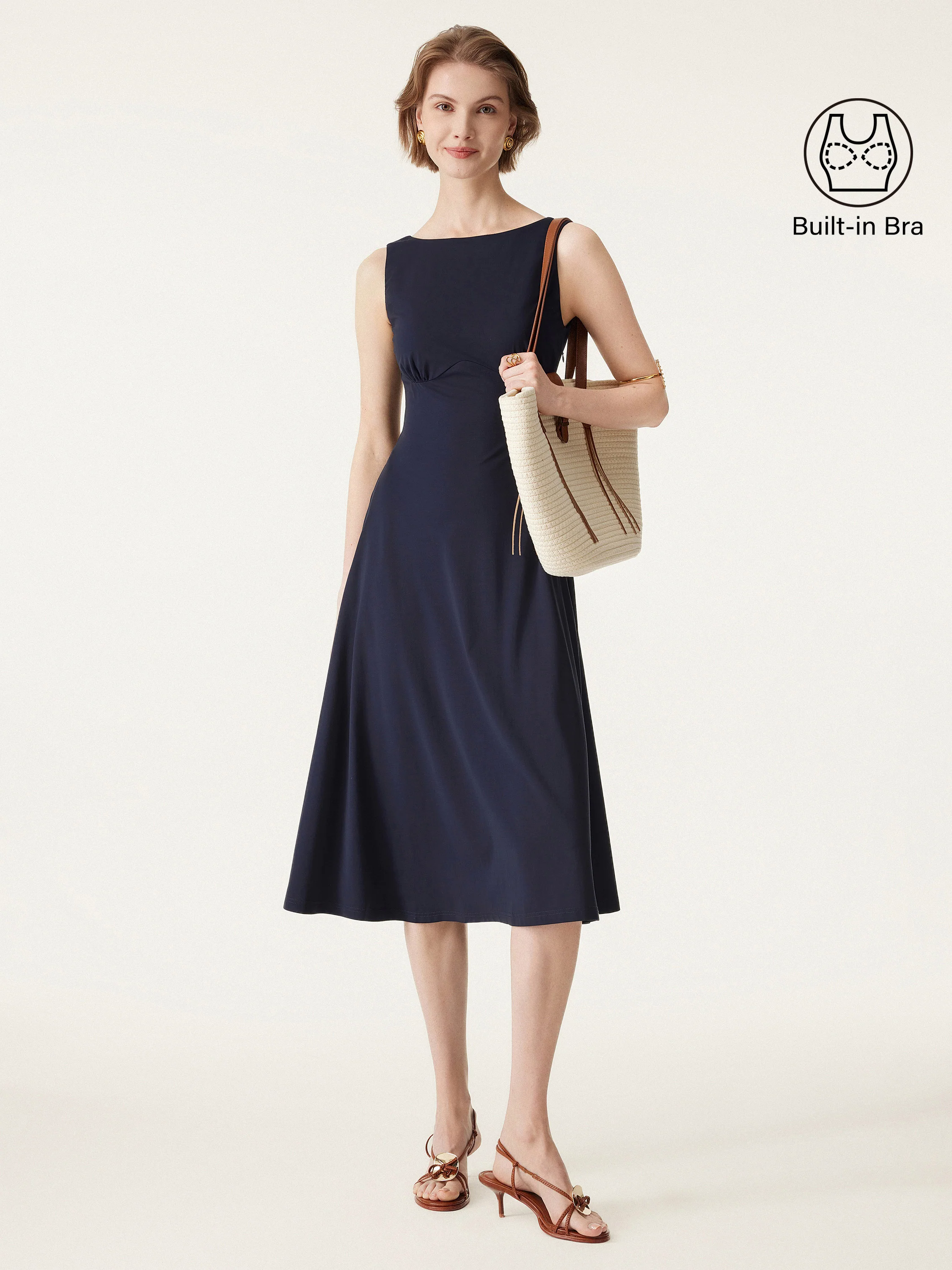 Boatneck Flared Midi Brami Dress with Pockets Boatneck Flared Midi Brami Dress with Pockets