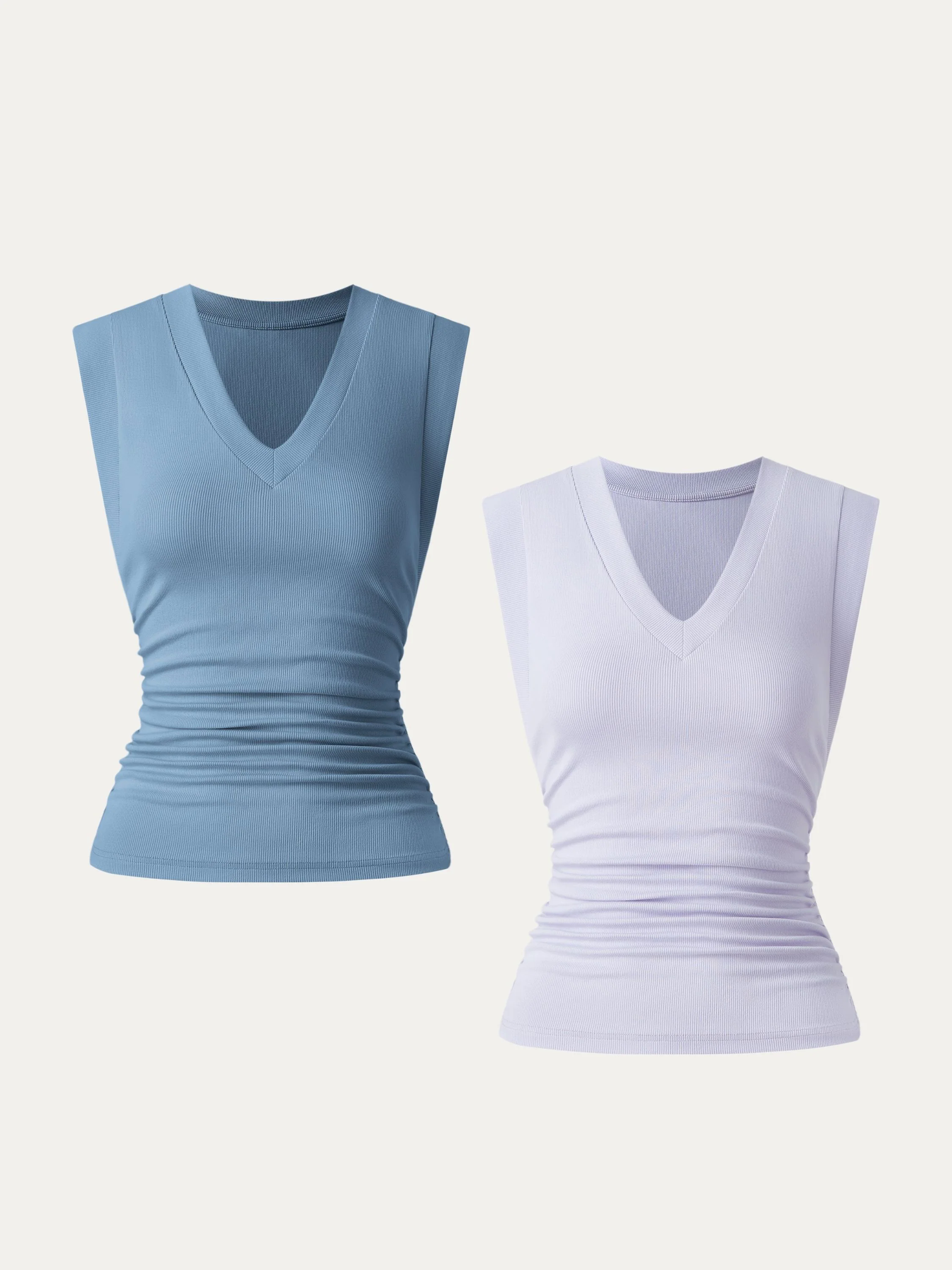 2Pcs Set Stretch Cotton V-neck Side Ruched Muscle Tee