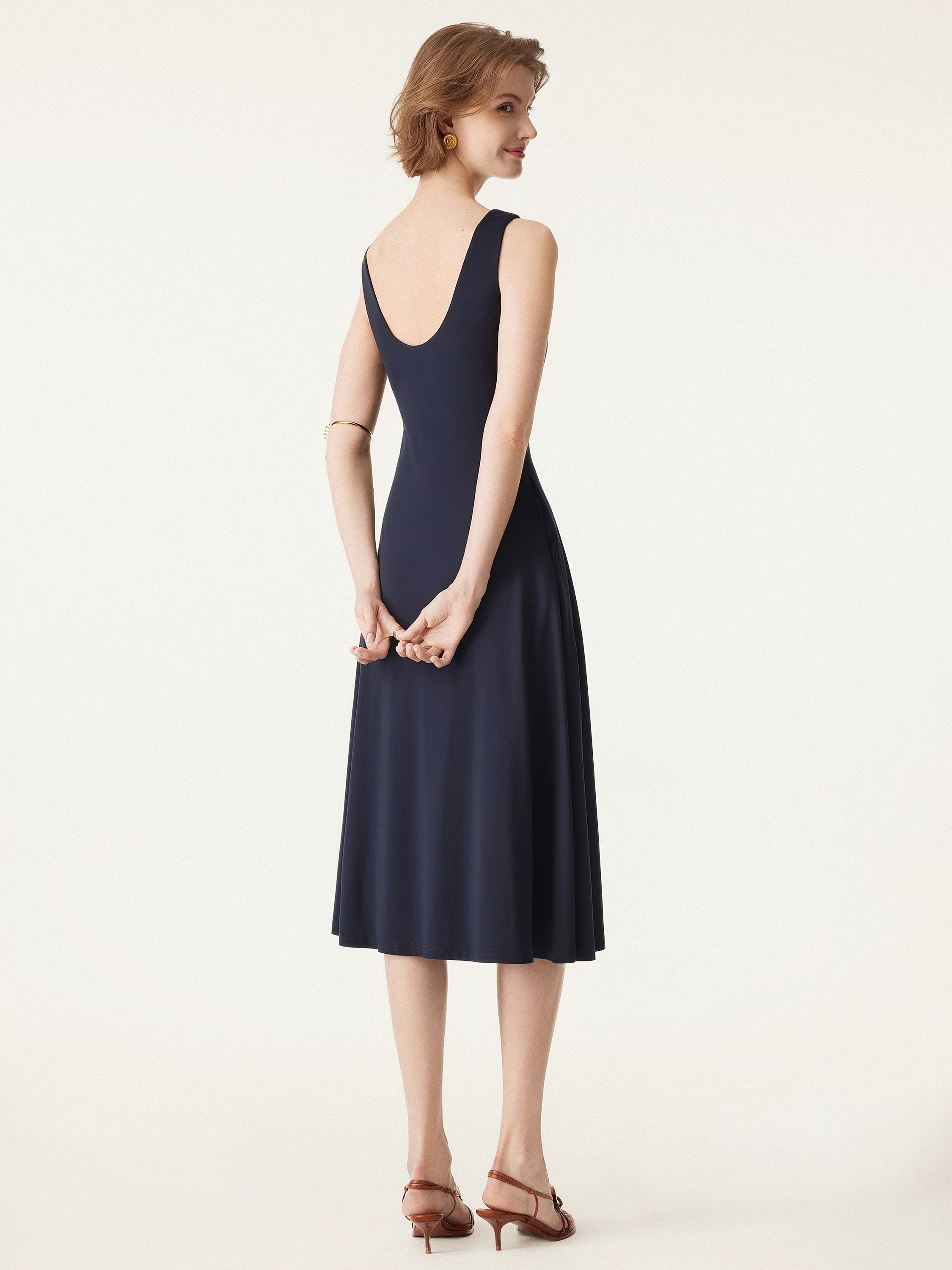 Boatneck Flared Midi Brami Dress with Pockets Boatneck Flared Midi Brami Dress with Pockets