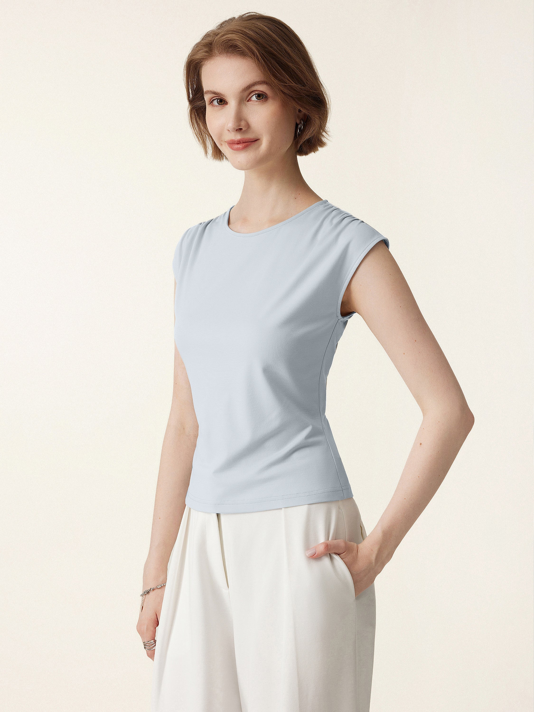 Crewneck Ruched Shoulder Muscle Tank Crewneck Ruched Shoulder Muscle Tank