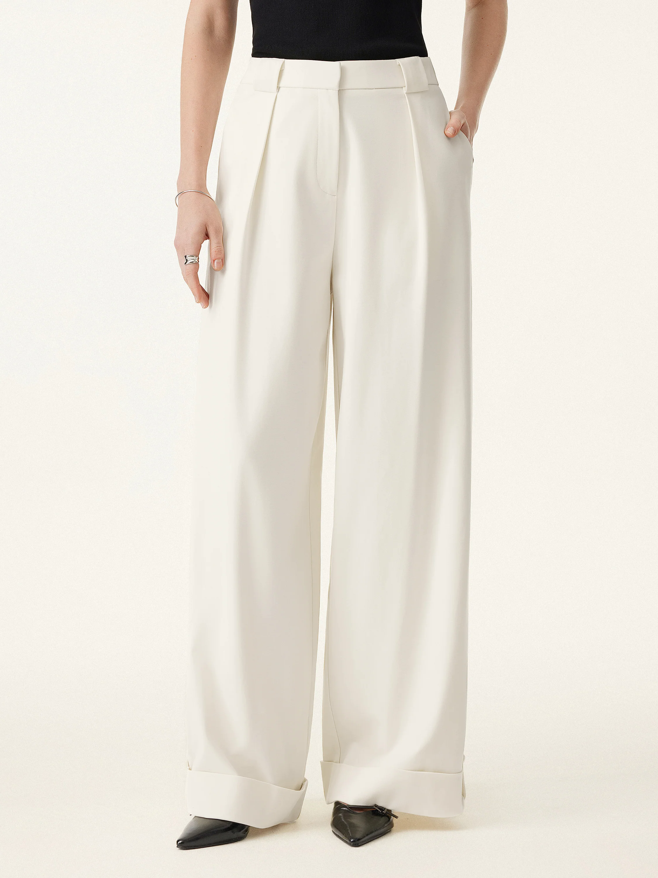 Bamboo Ponte Mid Rise Wide Leg Trouser with Fold-up Hem Bamboo Ponte Mid Rise Wide Leg Trouser with Fold-up Hem