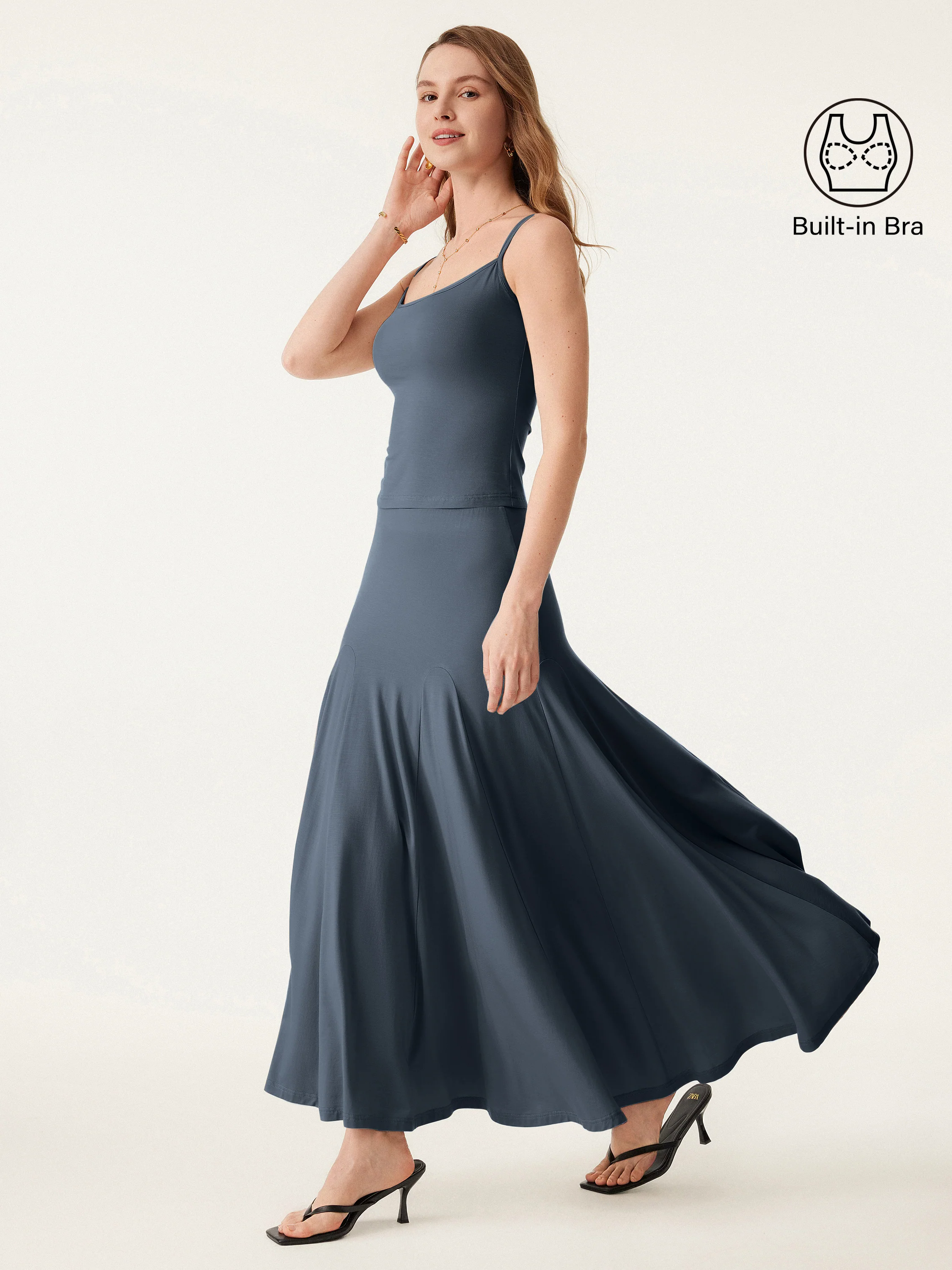 2Pcs Set U-neck Adjustable Straps Brami & Flowy Midi Pull-on Skirt 2Pcs Set U-neck Adjustable Straps Brami & Flowy Midi Pull-on Skirt