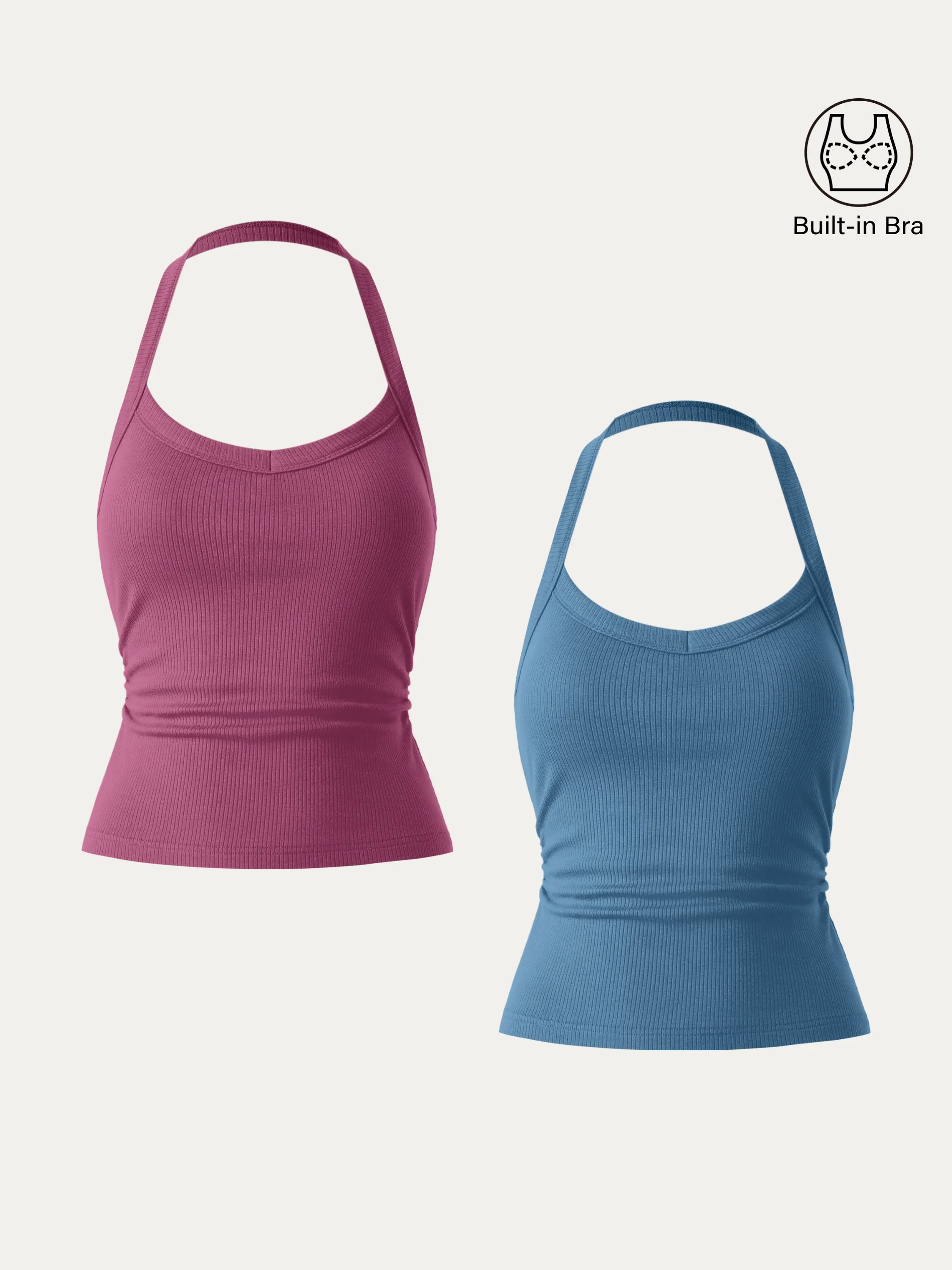 2Pcs Set Halter Neck Side Ruched Ribbed Brami Tank