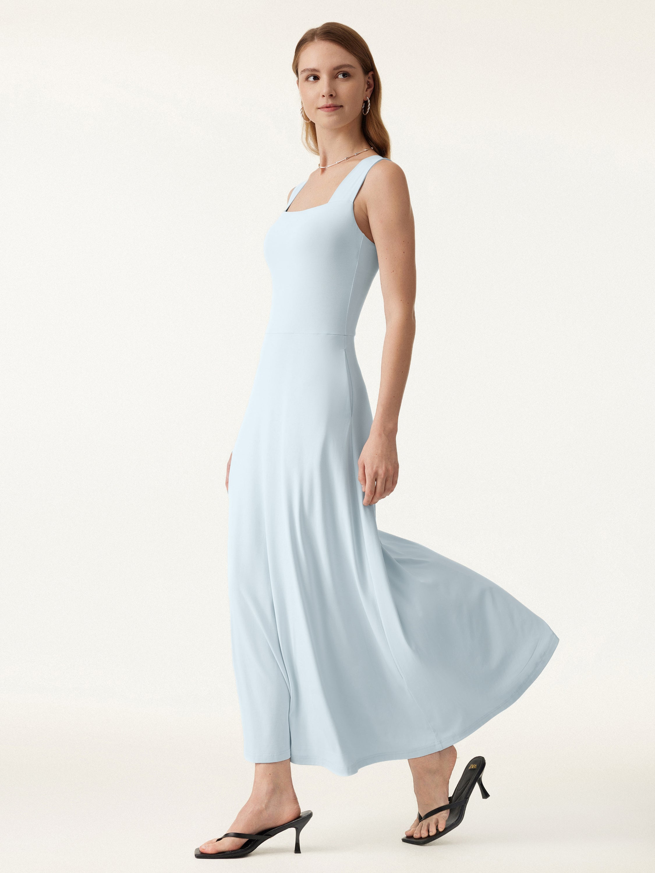 Flowy Square Neck Wide Straps Midi Brami Dress with Pockets
