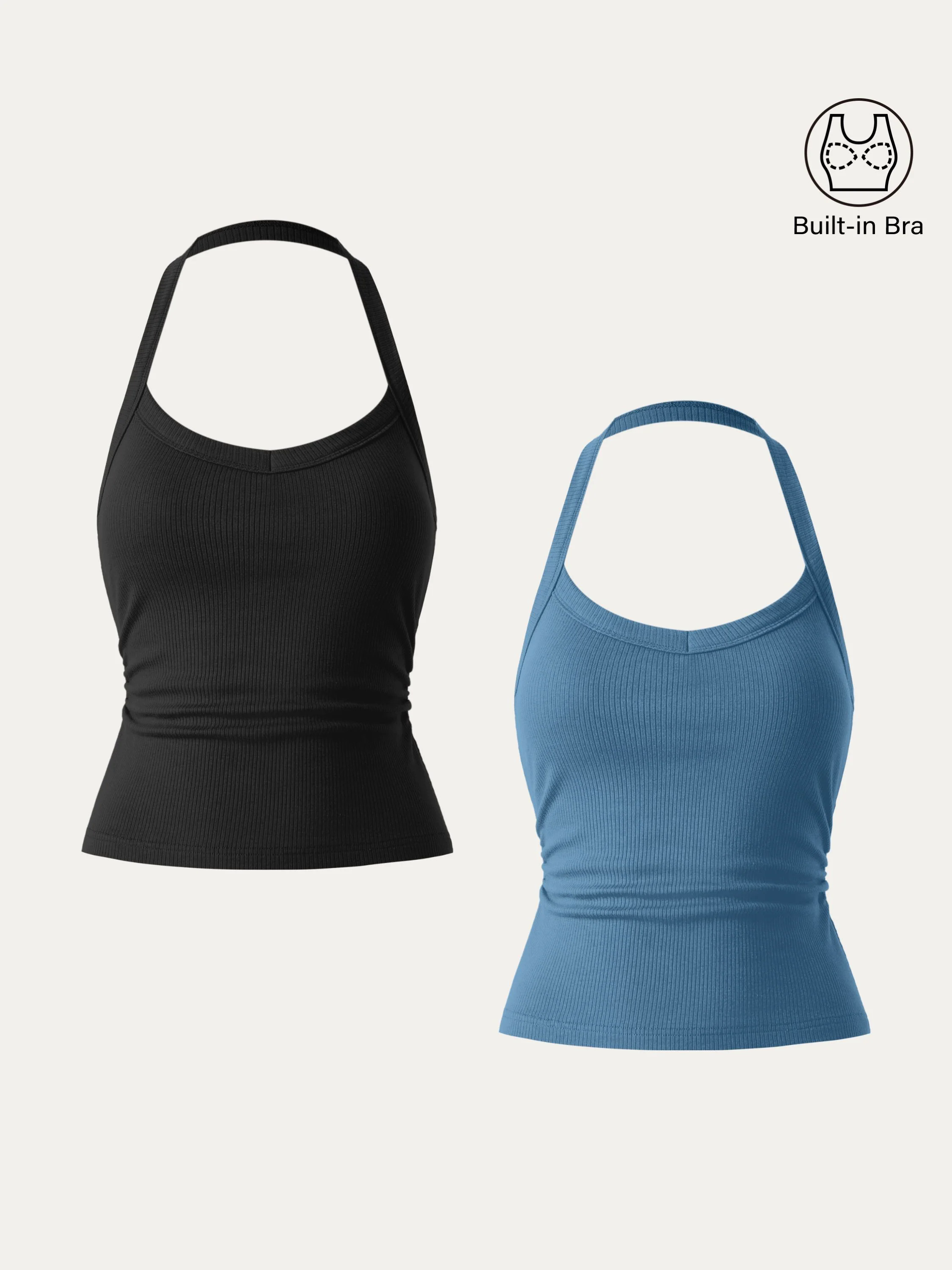 2Pcs Set Halter Neck Side Ruched Ribbed Brami Tank 2Pcs Set Halter Neck Side Ruched Ribbed Brami Tank