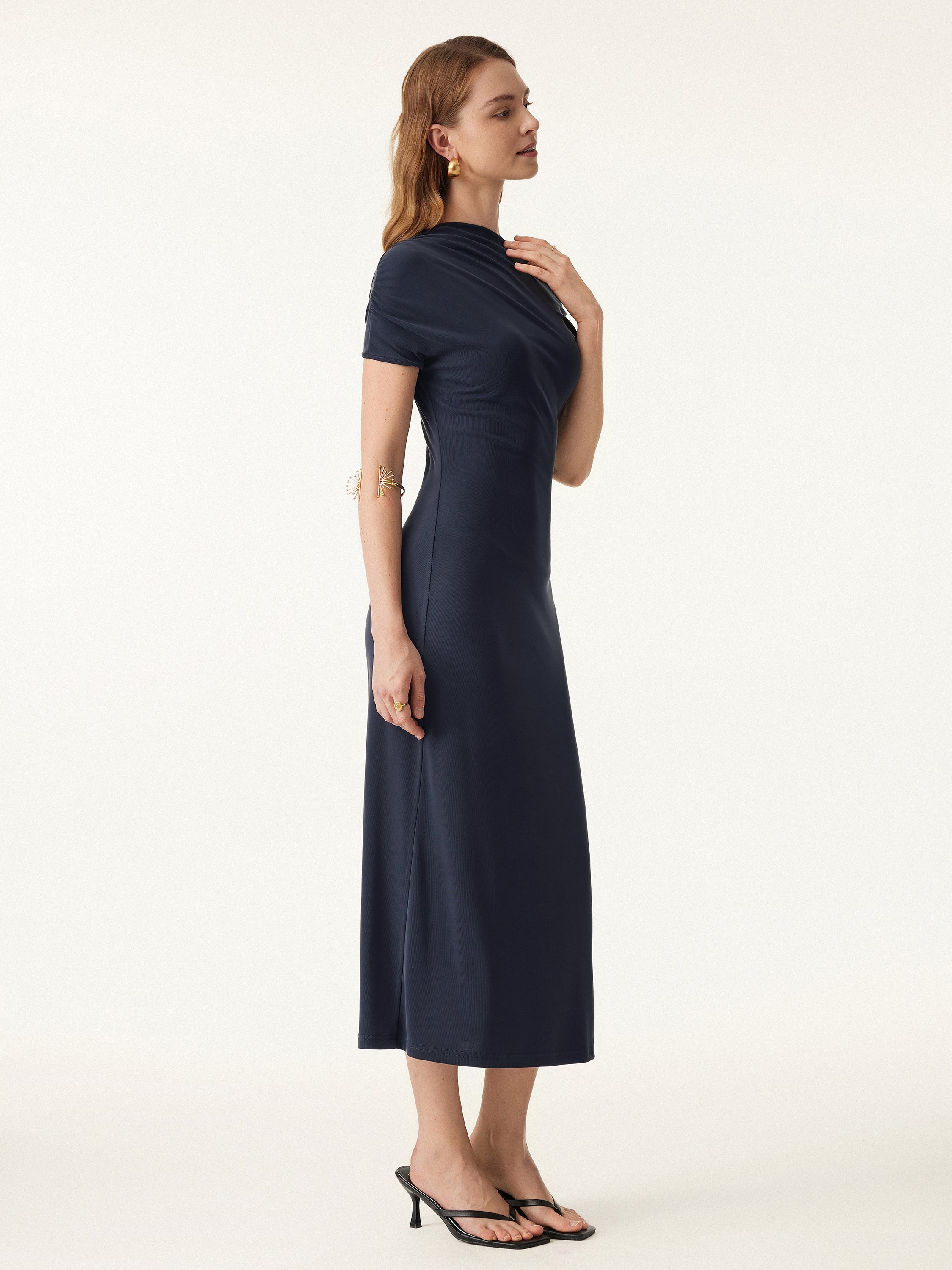 Sandwashed Asymmetrical Neck Short Sleeve Midi Brami Dress Sandwashed Asymmetrical Neck Short Sleeve Midi Brami Dress