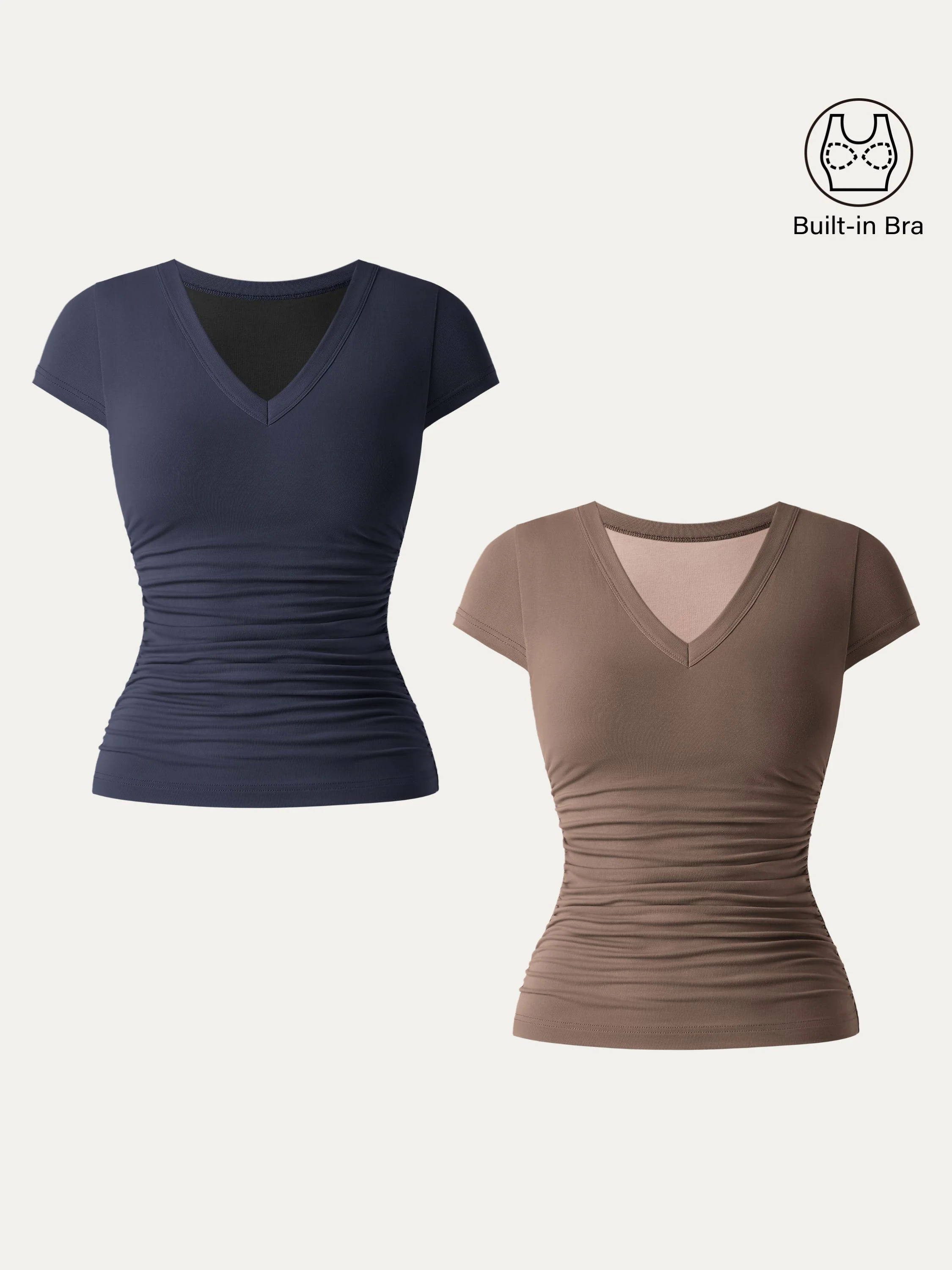 2Pcs Set Elevated V-neck Side Ruched Cap Sleeve Brami Tee 2Pcs Set Elevated V-neck Side Ruched Cap Sleeve Brami Tee