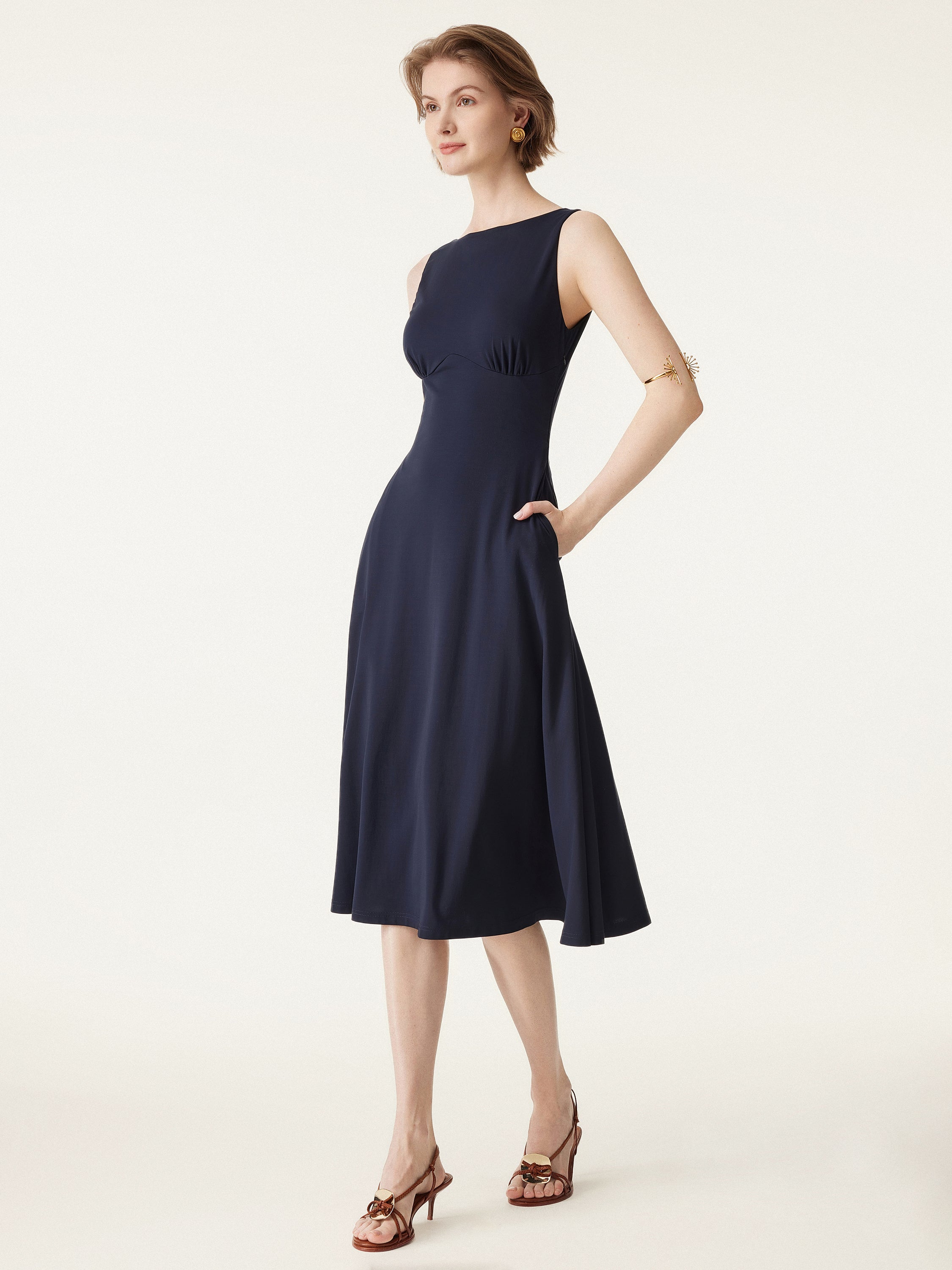 Boatneck Flared Midi Brami Dress with Pockets