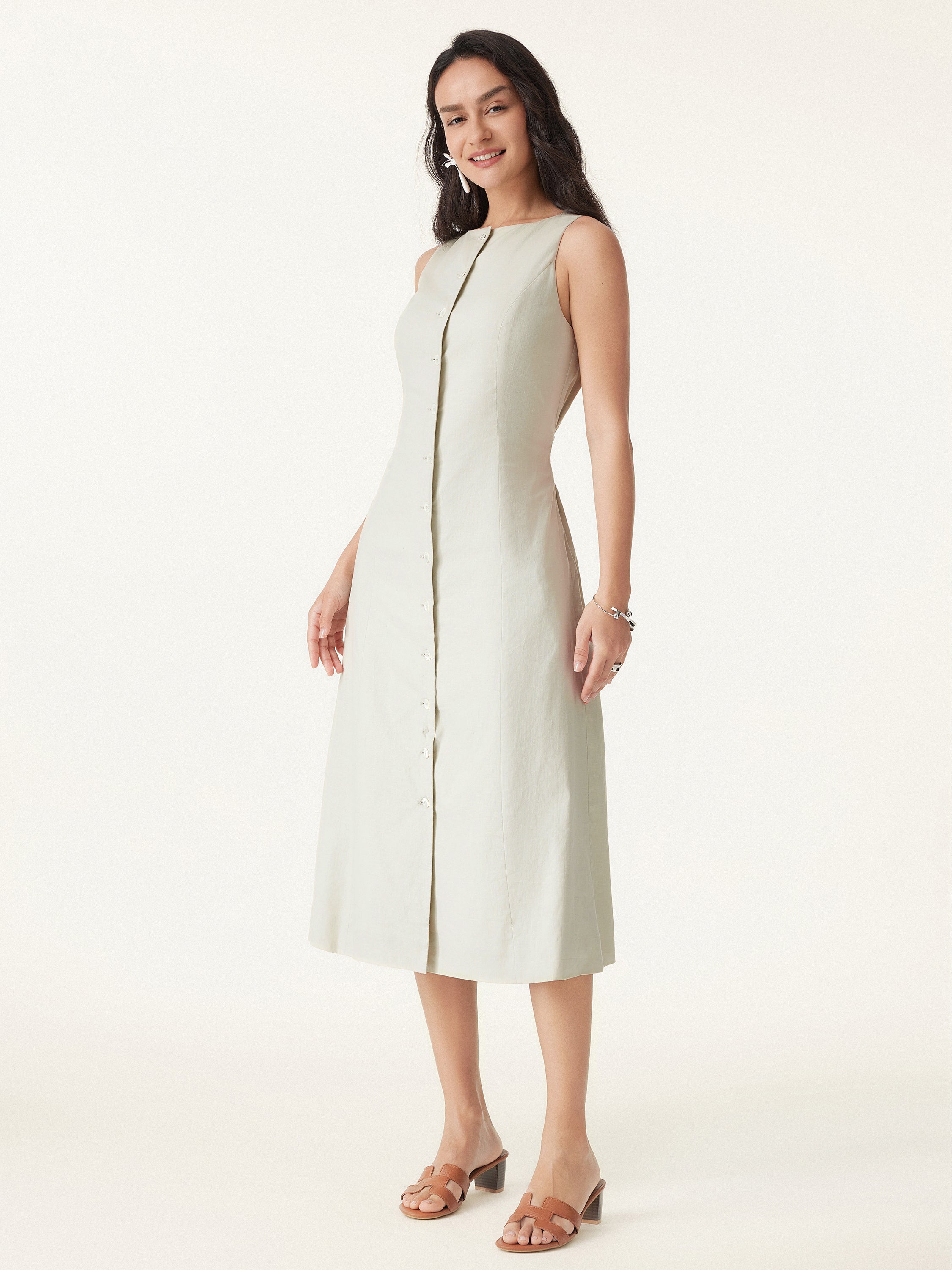 European Linen Waist-cinch Boatneck Button-up Midi Dress with Pockets European Linen Waist-cinch Boatneck Button-up Midi Dress with Pockets