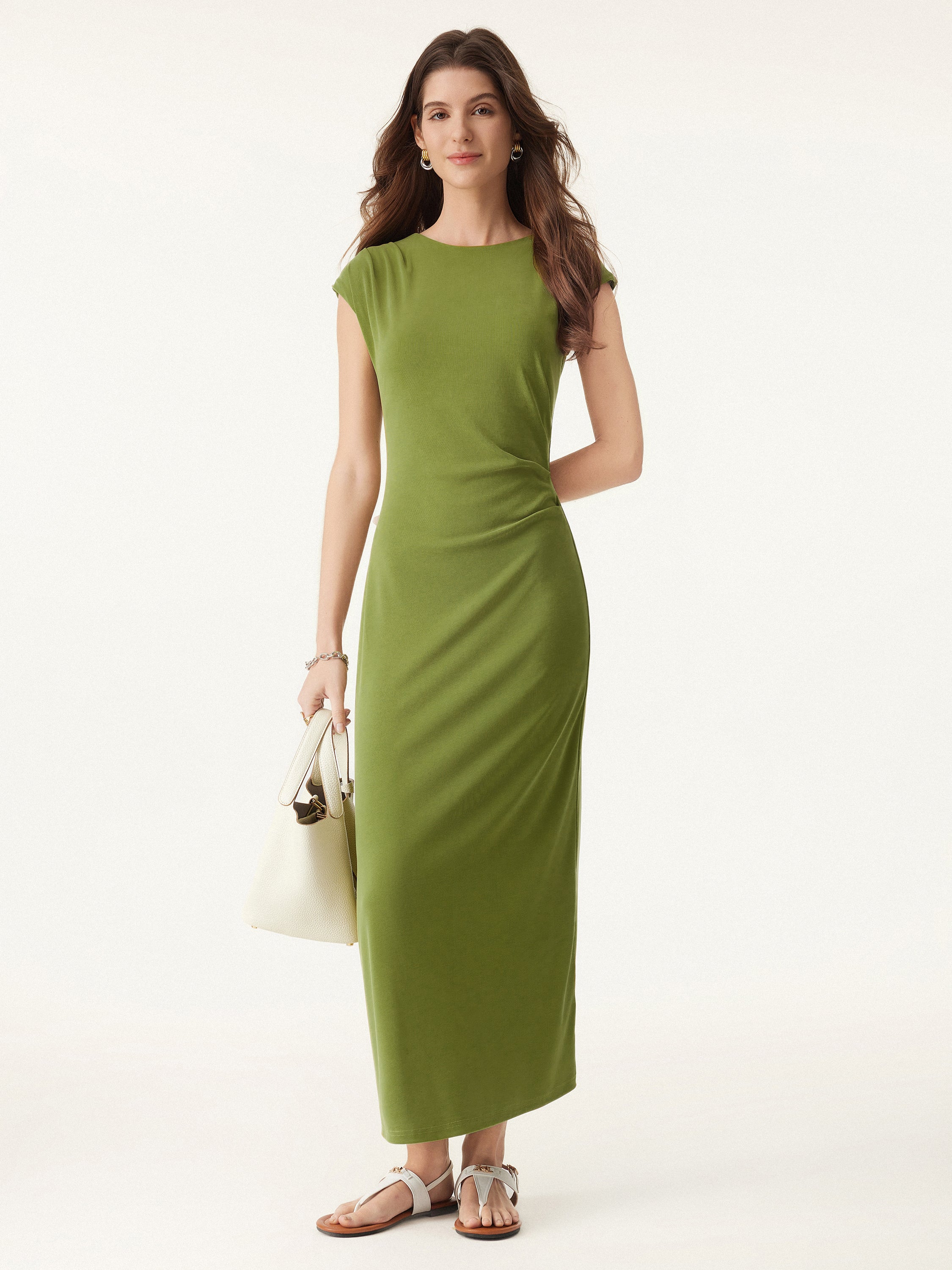 Flowy Sandwashed Crewneck Cap Sleeve Ruched Flared Maxi Brami Dress
