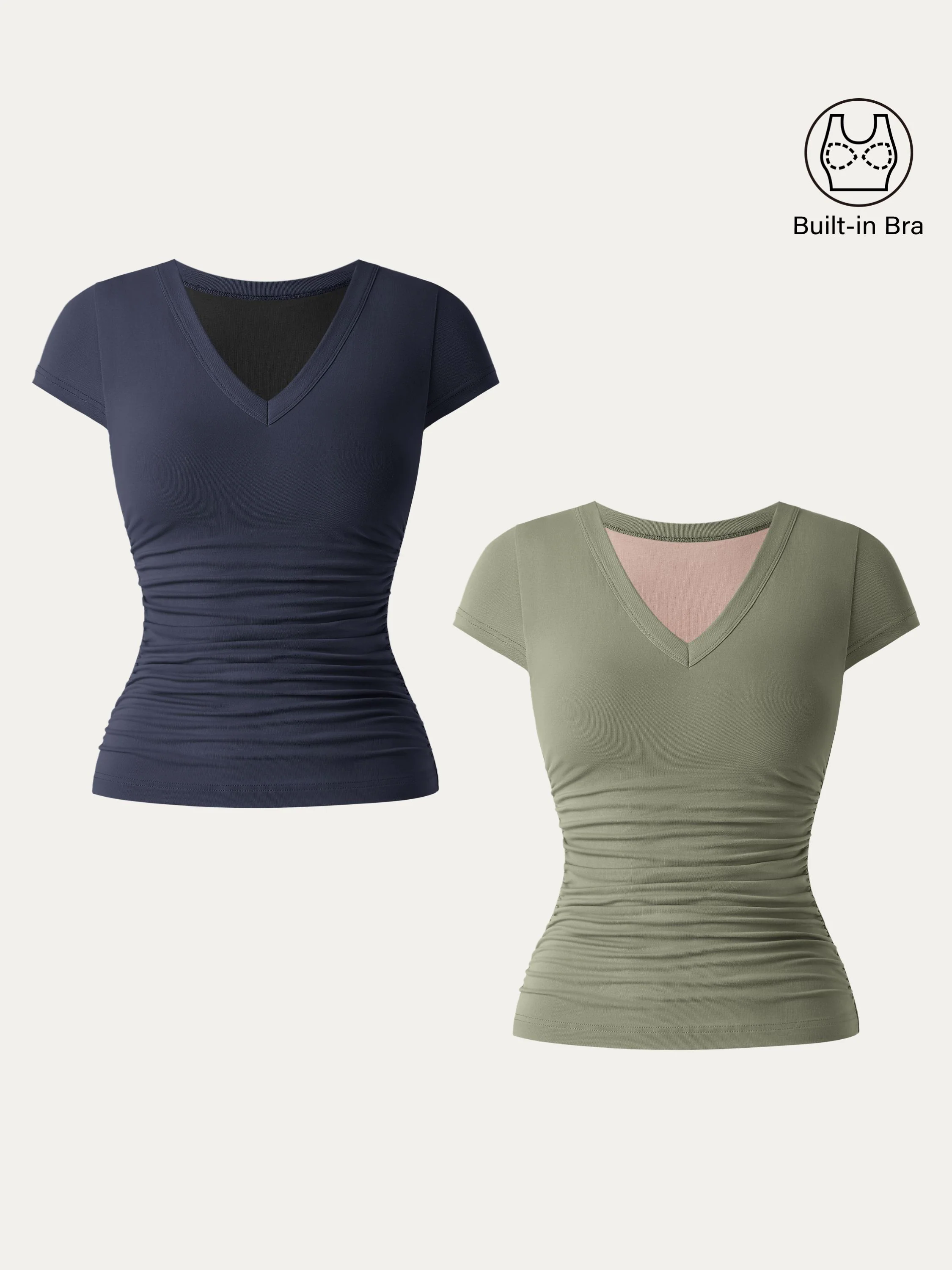 2Pcs Set Elevated V-neck Side Ruched Cap Sleeve Brami Tee 2Pcs Set Elevated V-neck Side Ruched Cap Sleeve Brami Tee