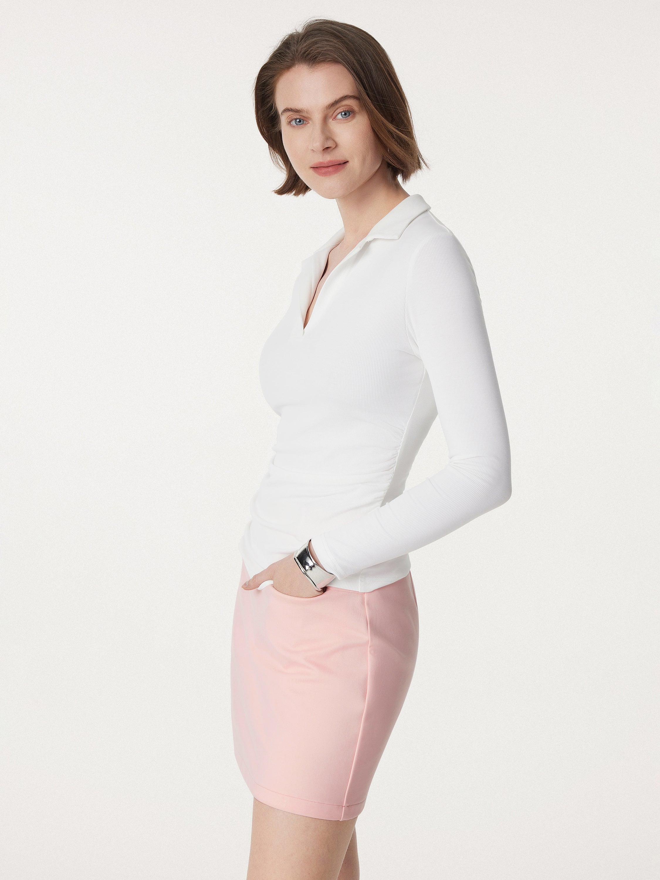 Polo Neck Ribbed Side Ruching Brami Top Polo Neck Ribbed Side Ruching Brami Top